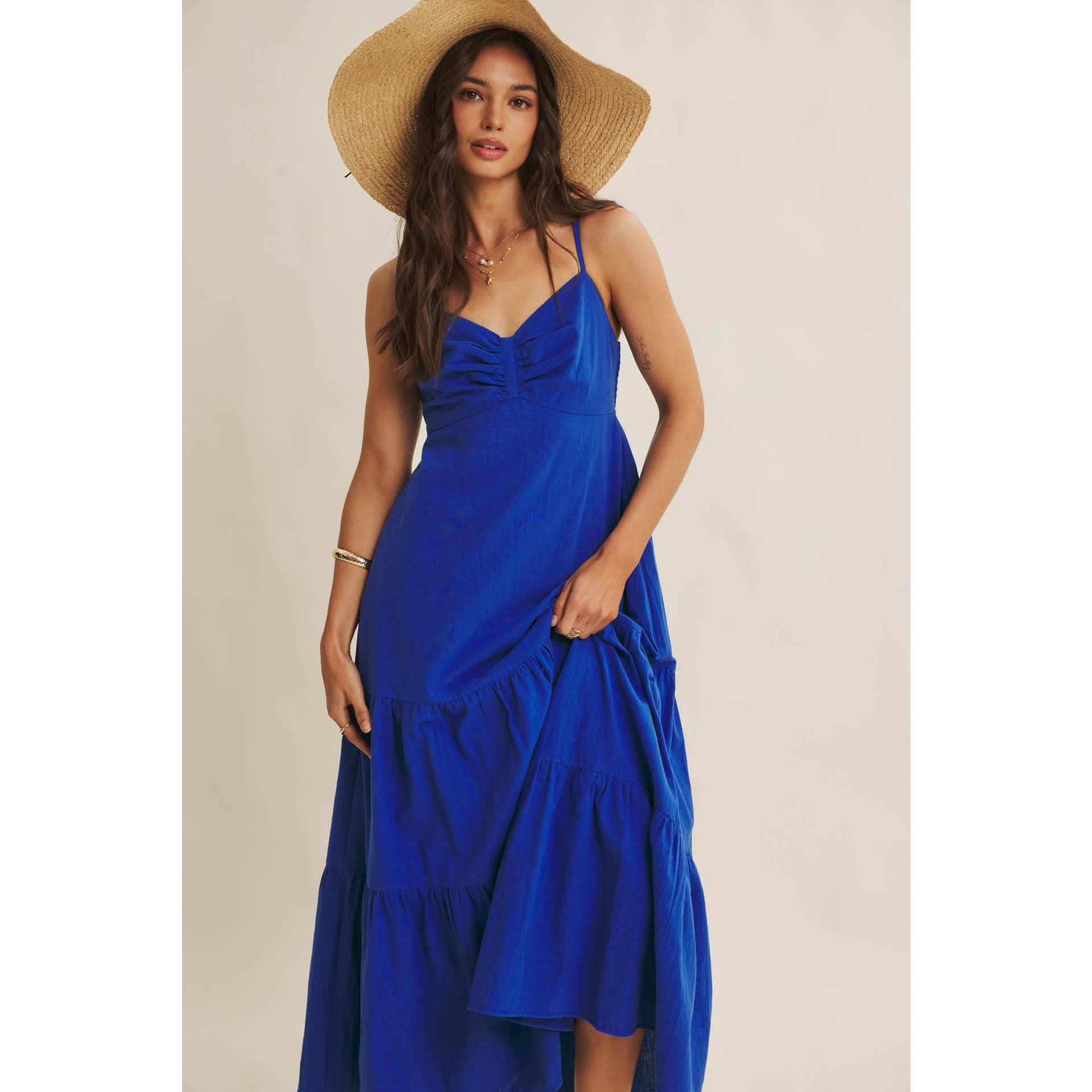ISLAND SUNSET AIRY COTTON SMOCKED BACK RUCHED MAXI DRESS: ROYAL BLUE / S | Stella & Grace Boutique .