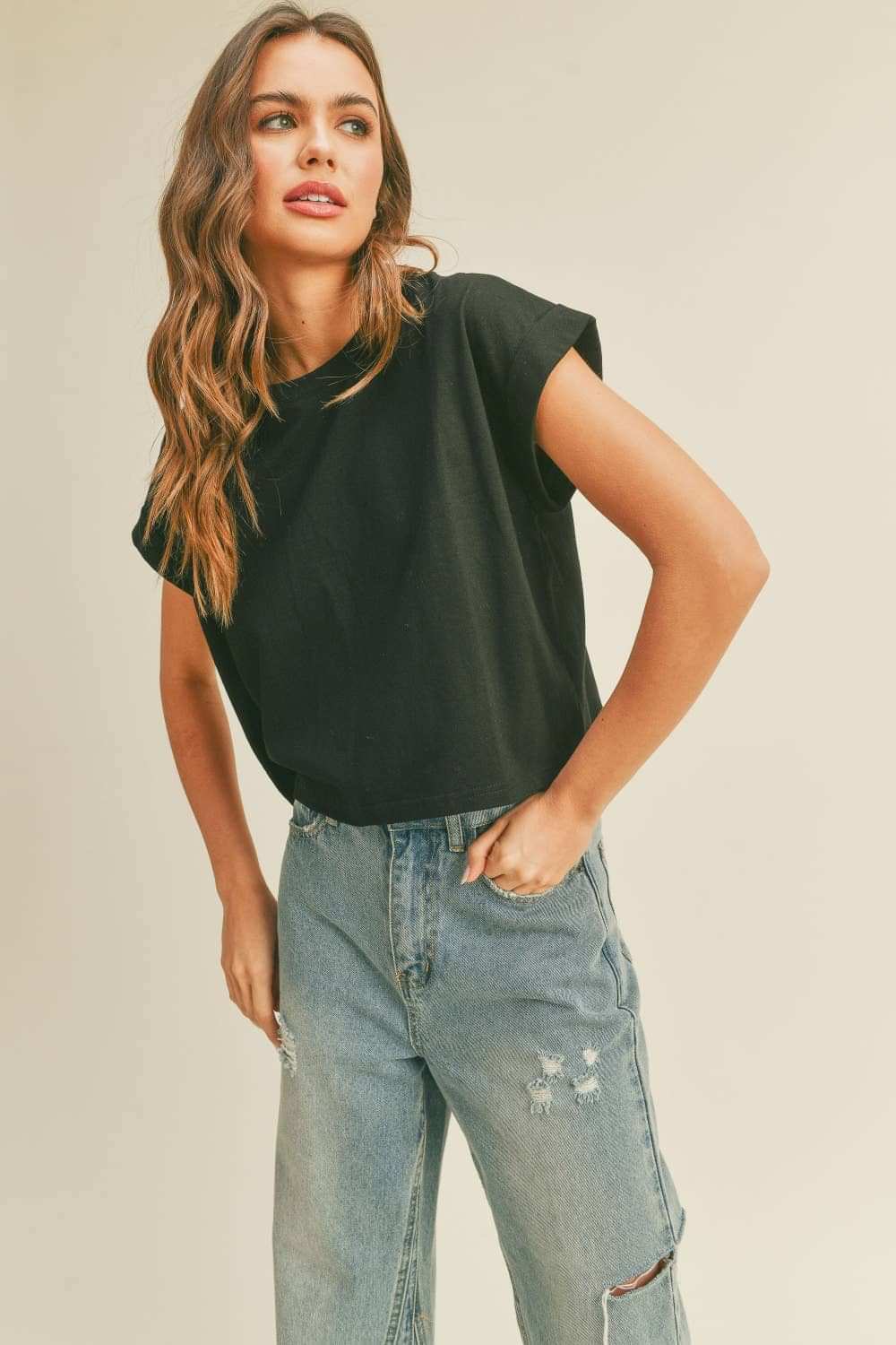 Midnight Cotton Cuffed Sleeve Cropped Top