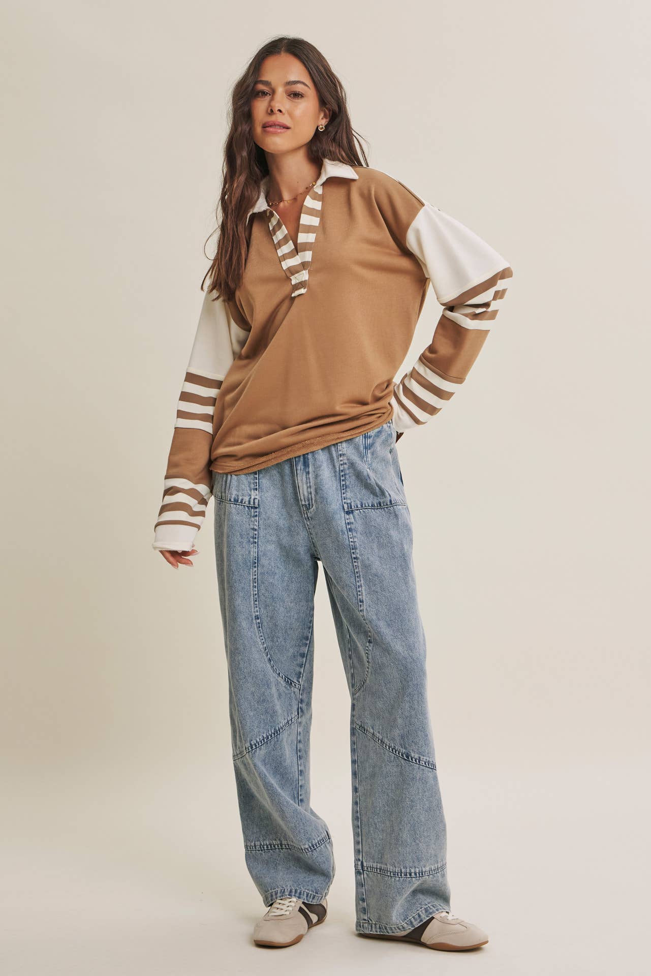 FRESH COASTAL STRIPE MIX RELAXED FIT FRENCH TERRY TOP: TWILIGHT BLUE / S | Stella & Grace Boutique .