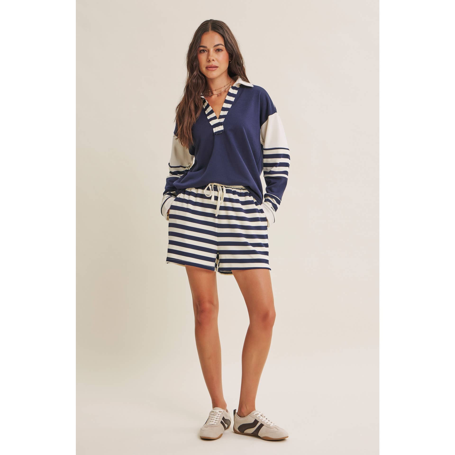 FRESH COASTAL STRIPE MIX RELAXED FIT FRENCH TERRY TOP: TWILIGHT BLUE / S | Stella & Grace Boutique .