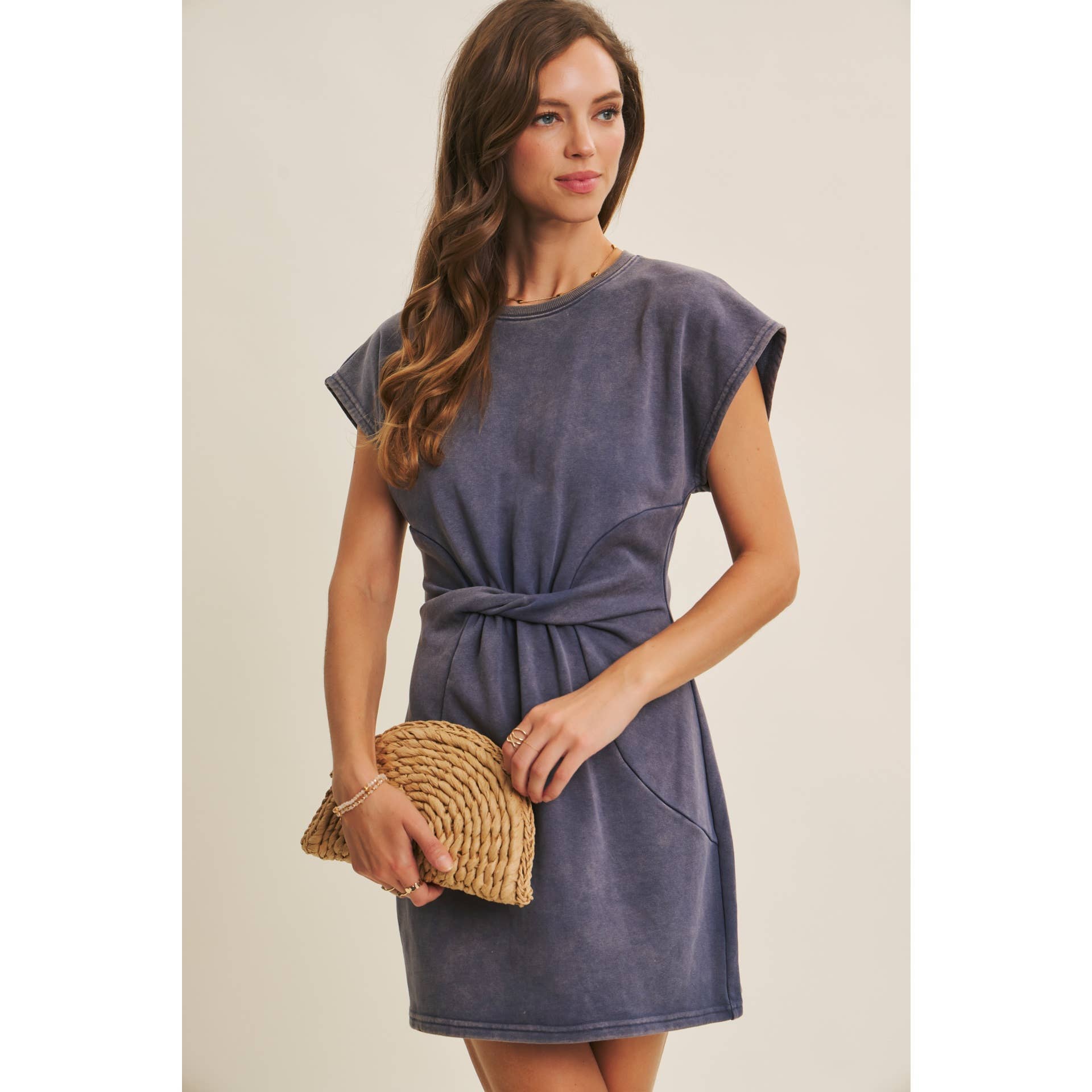 EASYGOING MINERAL-WASHED WAIST TWIST TERRY MINI DRESS: WASHED DENIM / S