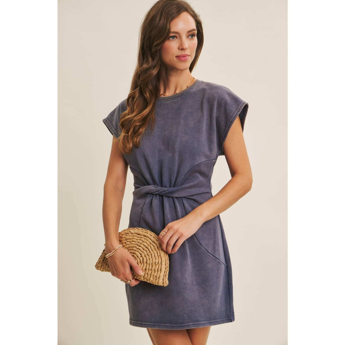 EASYGOING MINERAL-WASHED WAIST TWIST TERRY MINI DRESS: WASHED DENIM / S