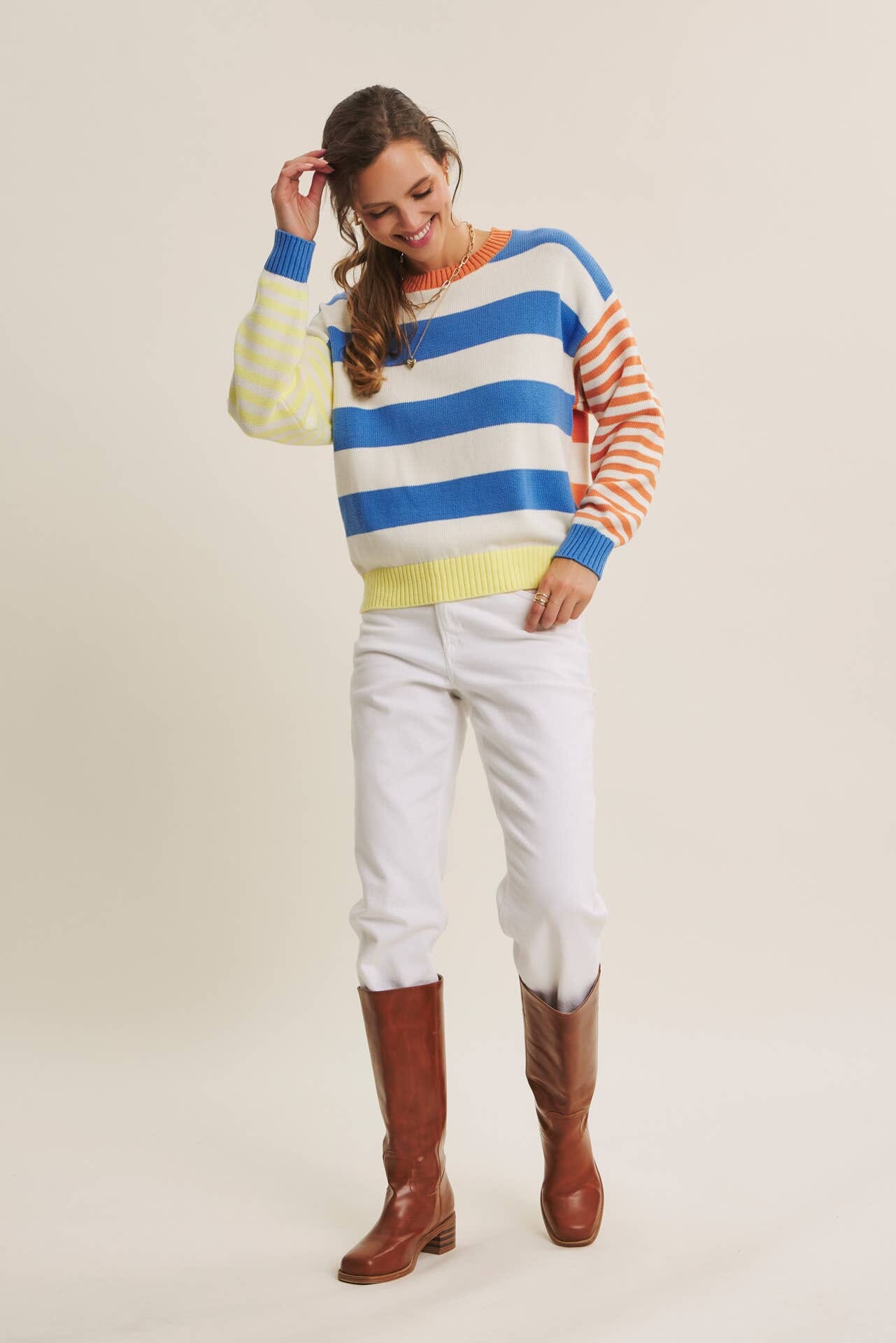 JOYFUL COLOR BLOCKED BOLD STRIPE RELAXED FIT COTTON SWEATER: BLUE/LEMON MULTI / S