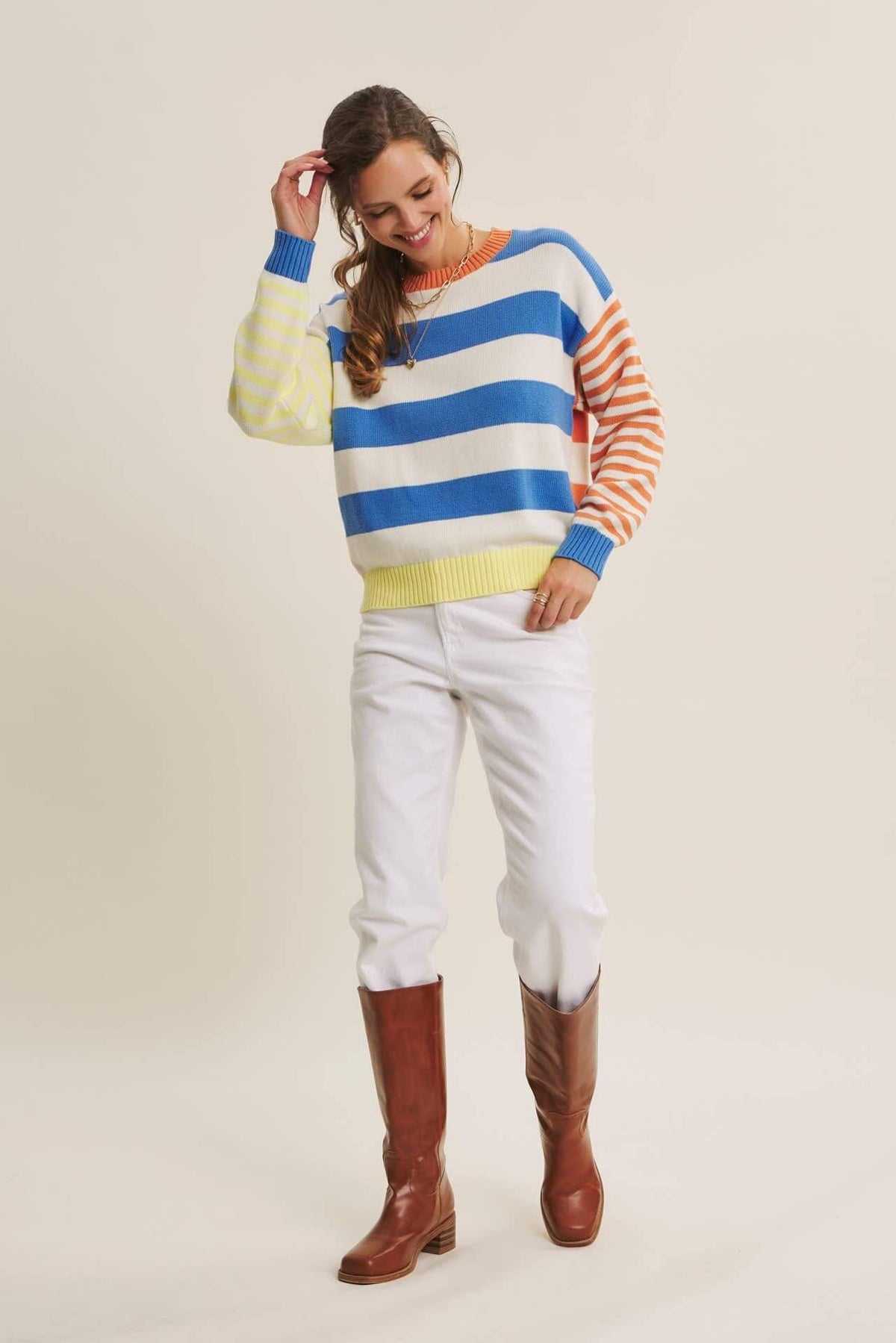 JOYFUL COLOR BLOCKED BOLD STRIPE RELAXED FIT COTTON SWEATER: BLUE/LEMON MULTI / S