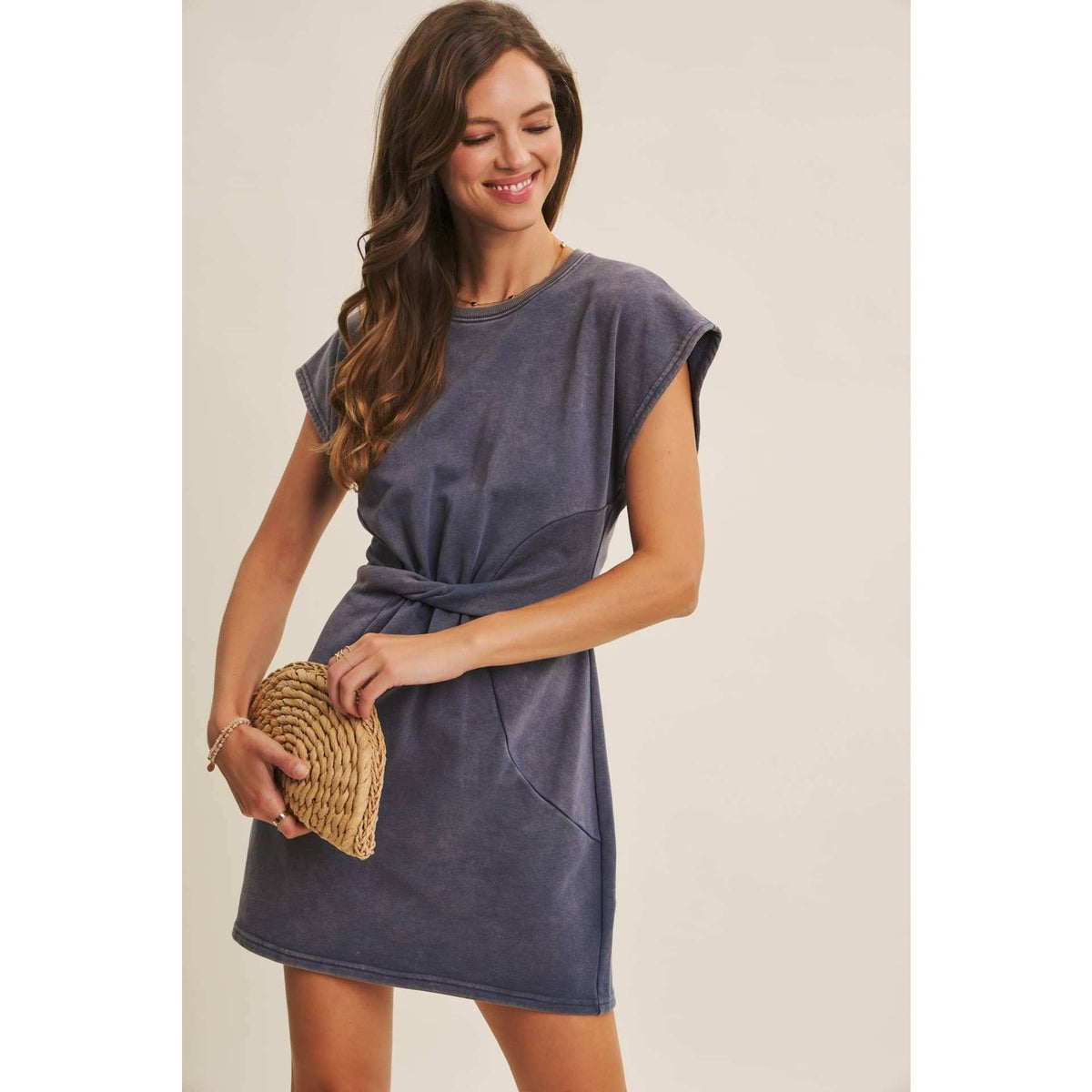 EASYGOING MINERAL-WASHED WAIST TWIST TERRY MINI DRESS: WASHED DENIM / S
