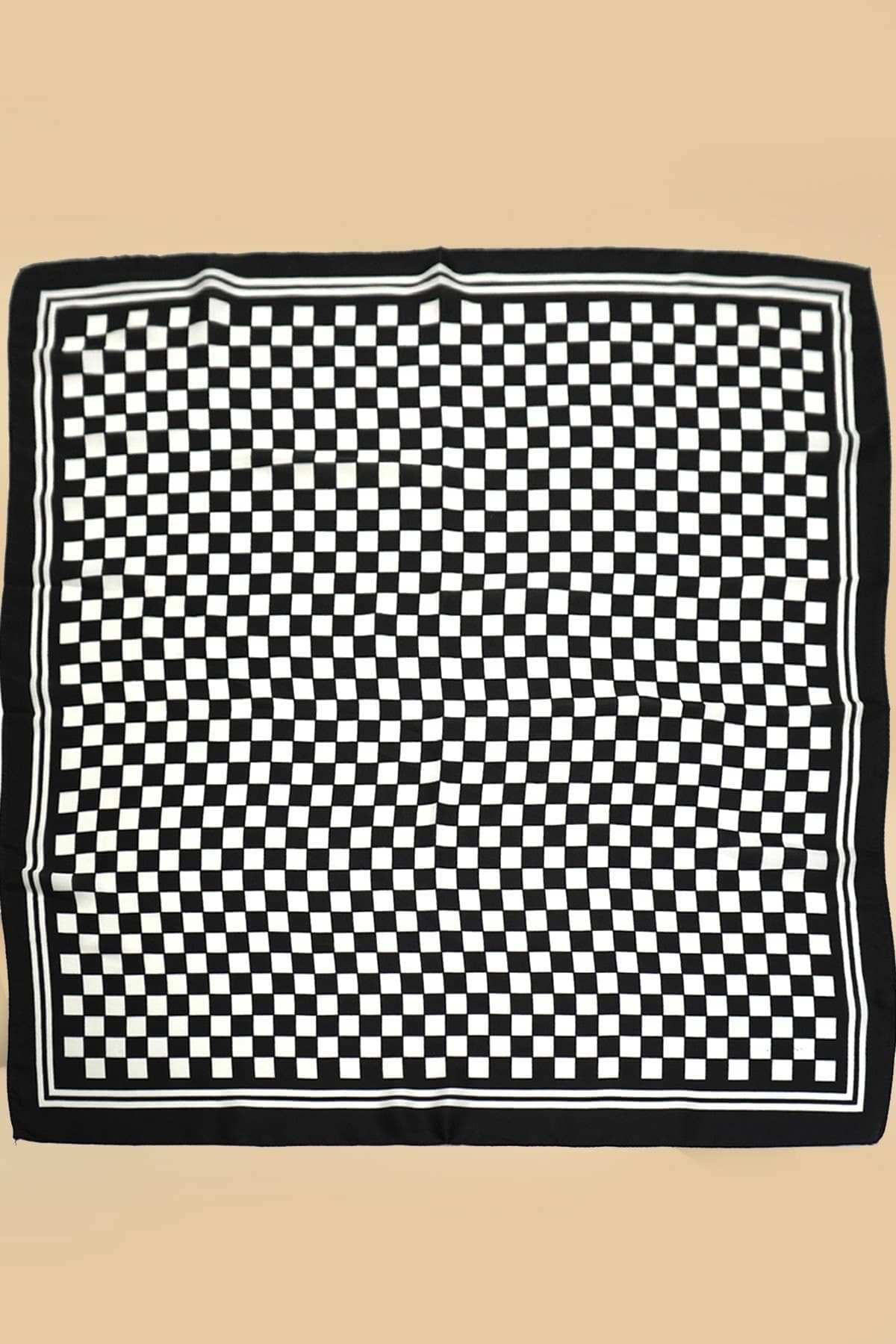 Black Large Checker Print Silky Bandana Scarf