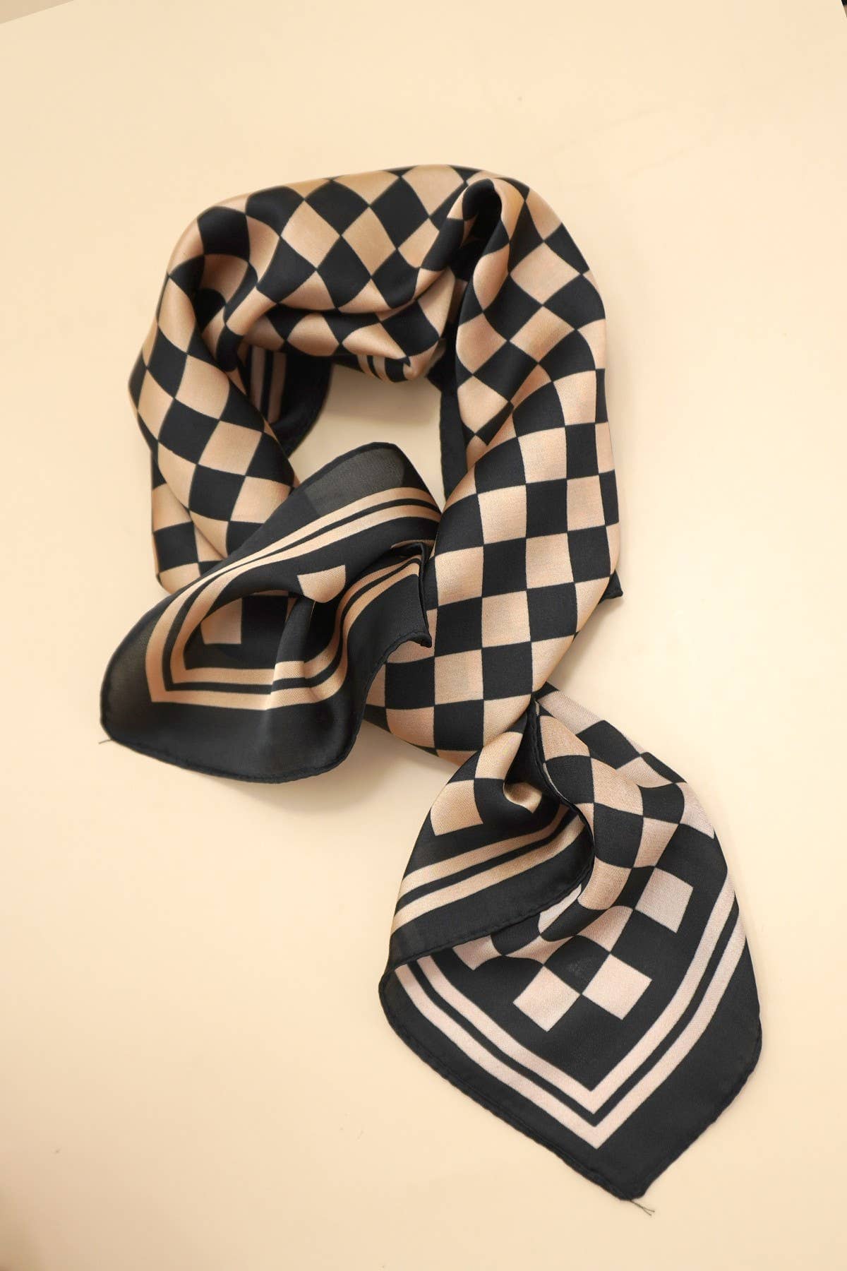 Brown Large Checker Print Silky Bandana Scarf