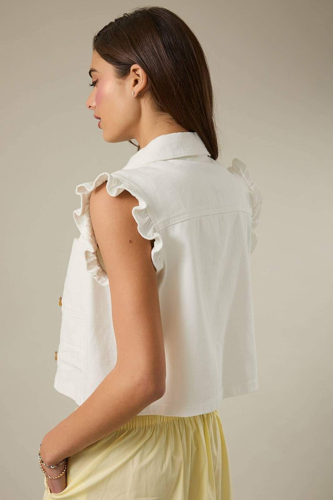 RUFFLE SLEEVE BUTTON DOWN TWILL VEST: White / S