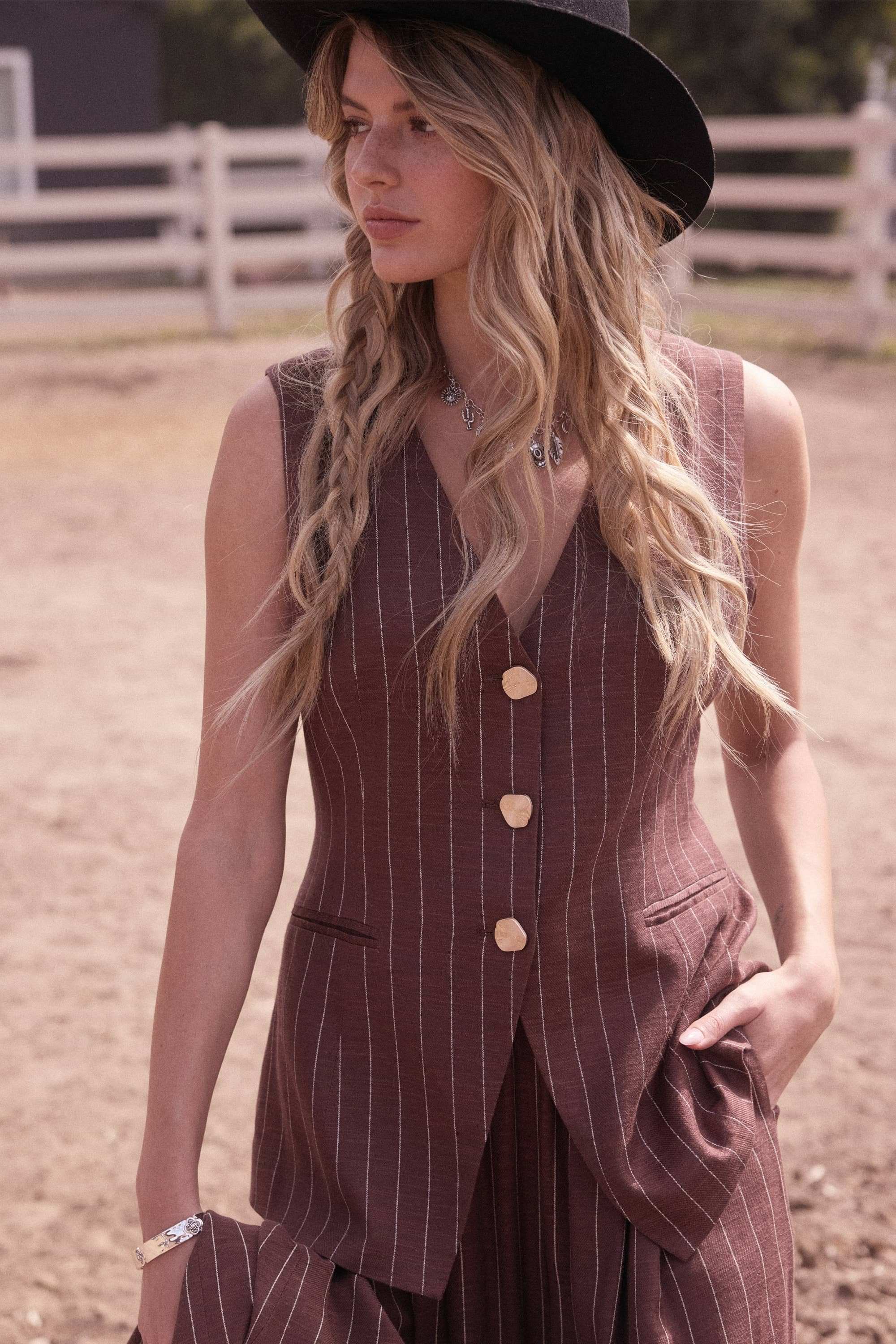 Pinstripe Vest: Brown-Ivory / XS