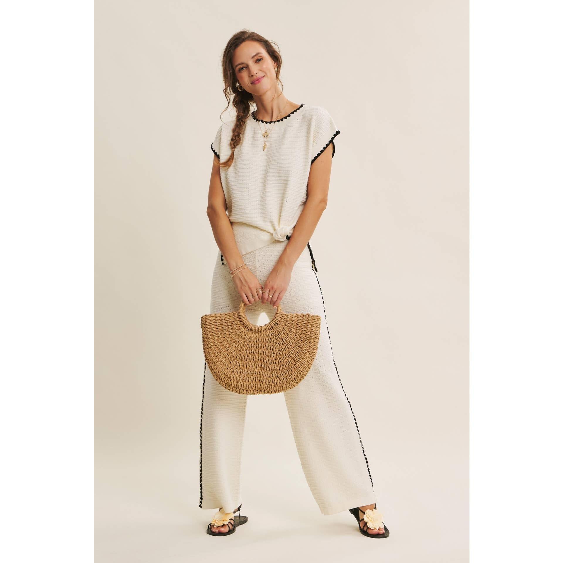PLAYFUL WHIPSTITCH TEXTURED SWEATER TOP FOR COASTAL ESCAPE: IVORY / S