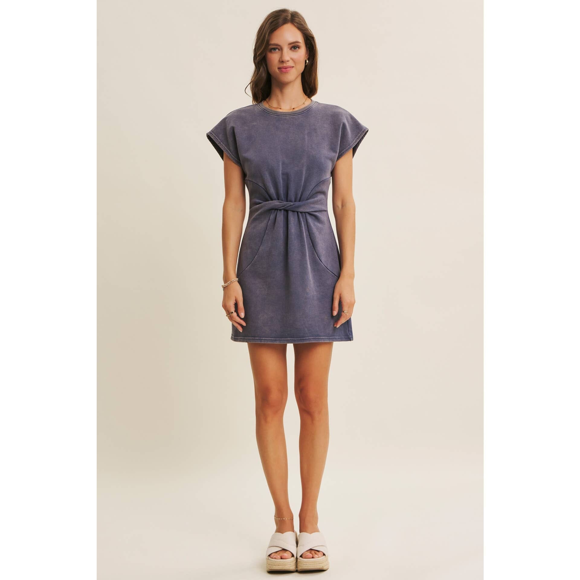 EASYGOING MINERAL-WASHED WAIST TWIST TERRY MINI DRESS: WASHED DENIM / S