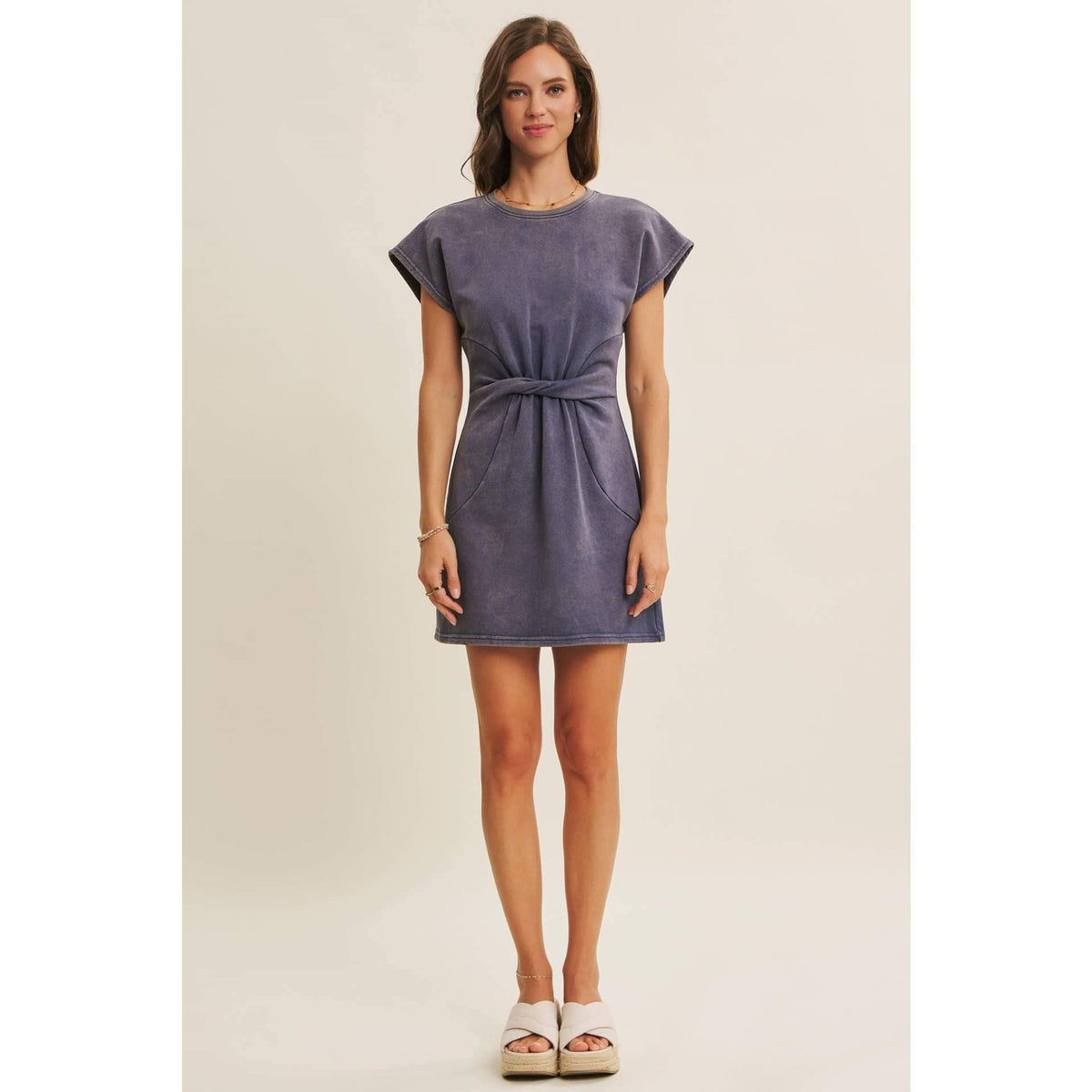 EASYGOING MINERAL-WASHED WAIST TWIST TERRY MINI DRESS: WASHED DENIM / S