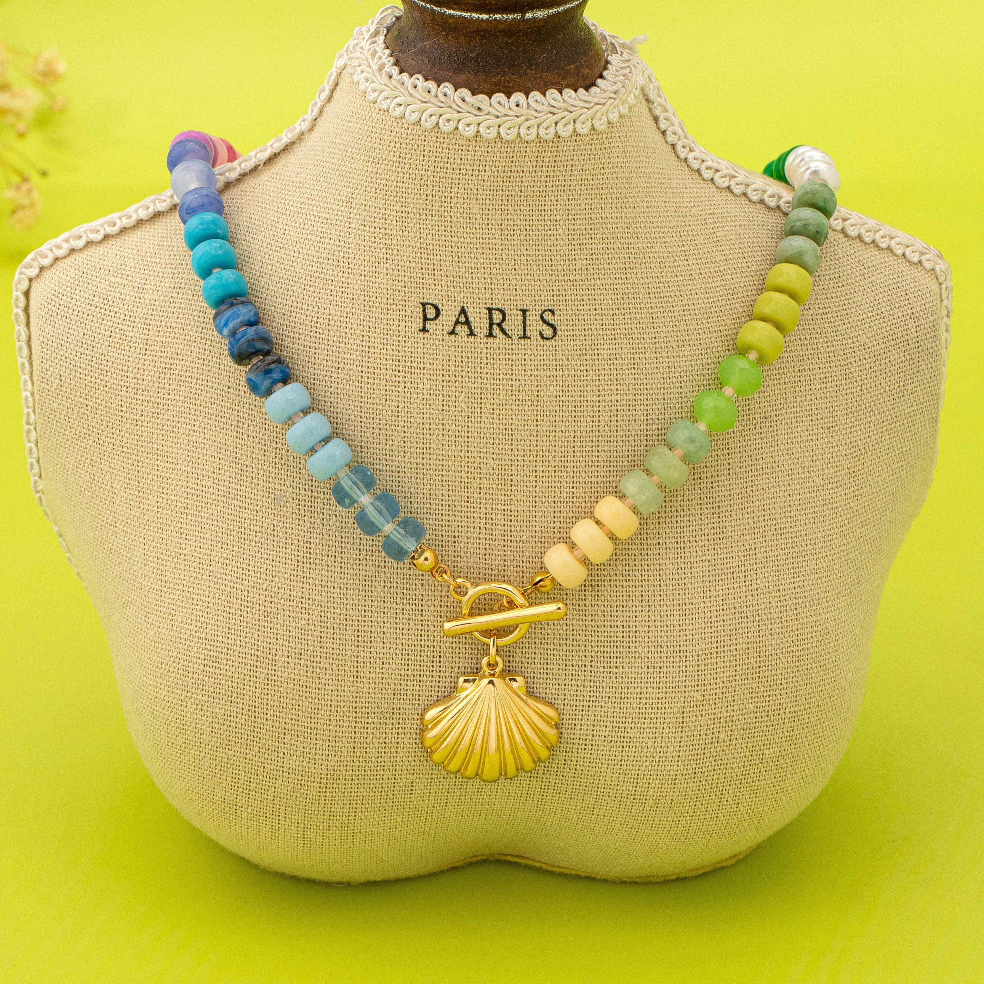 Rainbow Beaded Seashell Charm Necklace | 80N92899: Gold | Stella & Grace Boutique .