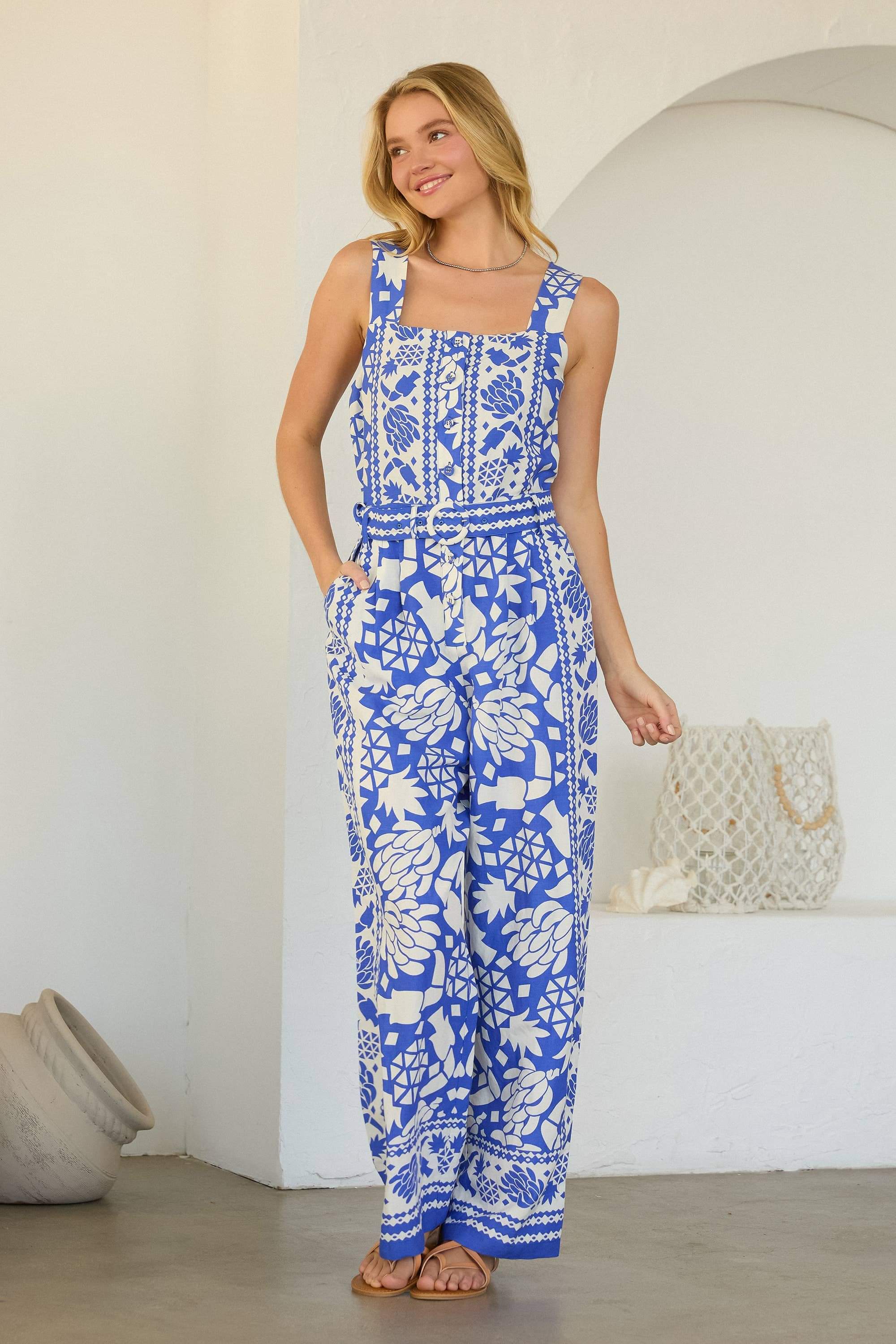 Border Print Button Front Jumpsuit with Belt: Cobalt-White / XS