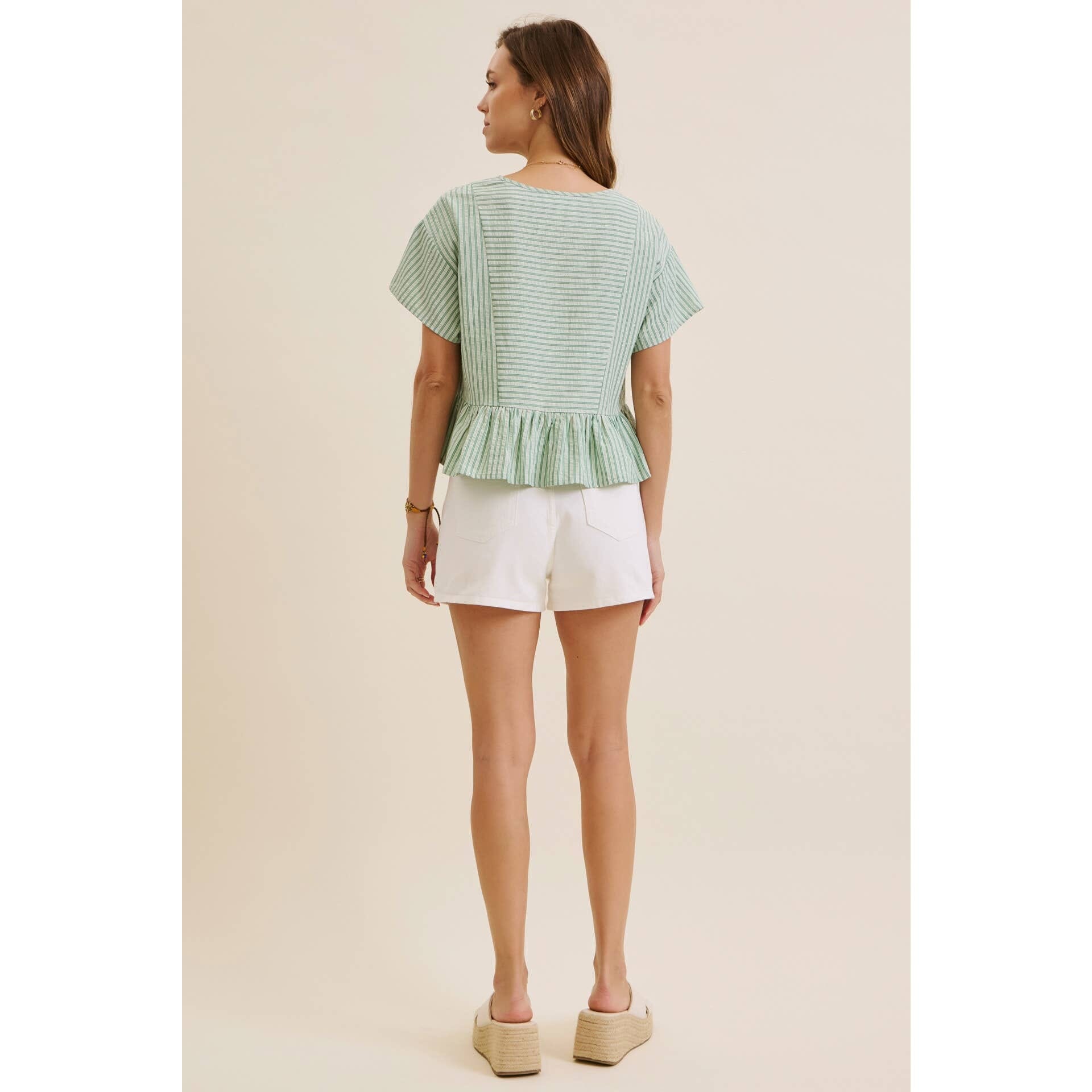 Clover Green Textured Stripe Babydoll Peplum Blouse