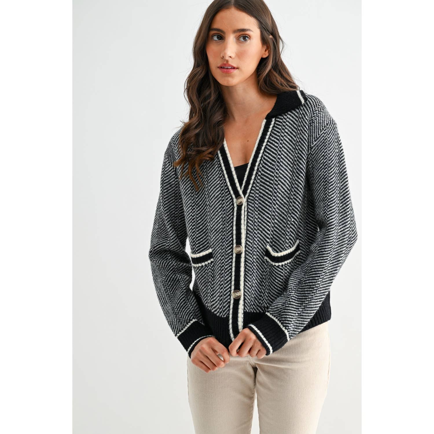 HERRINGBONE KNIT CARDIGAN IN BLACK: BLACK / S-M-L(3-2-1)