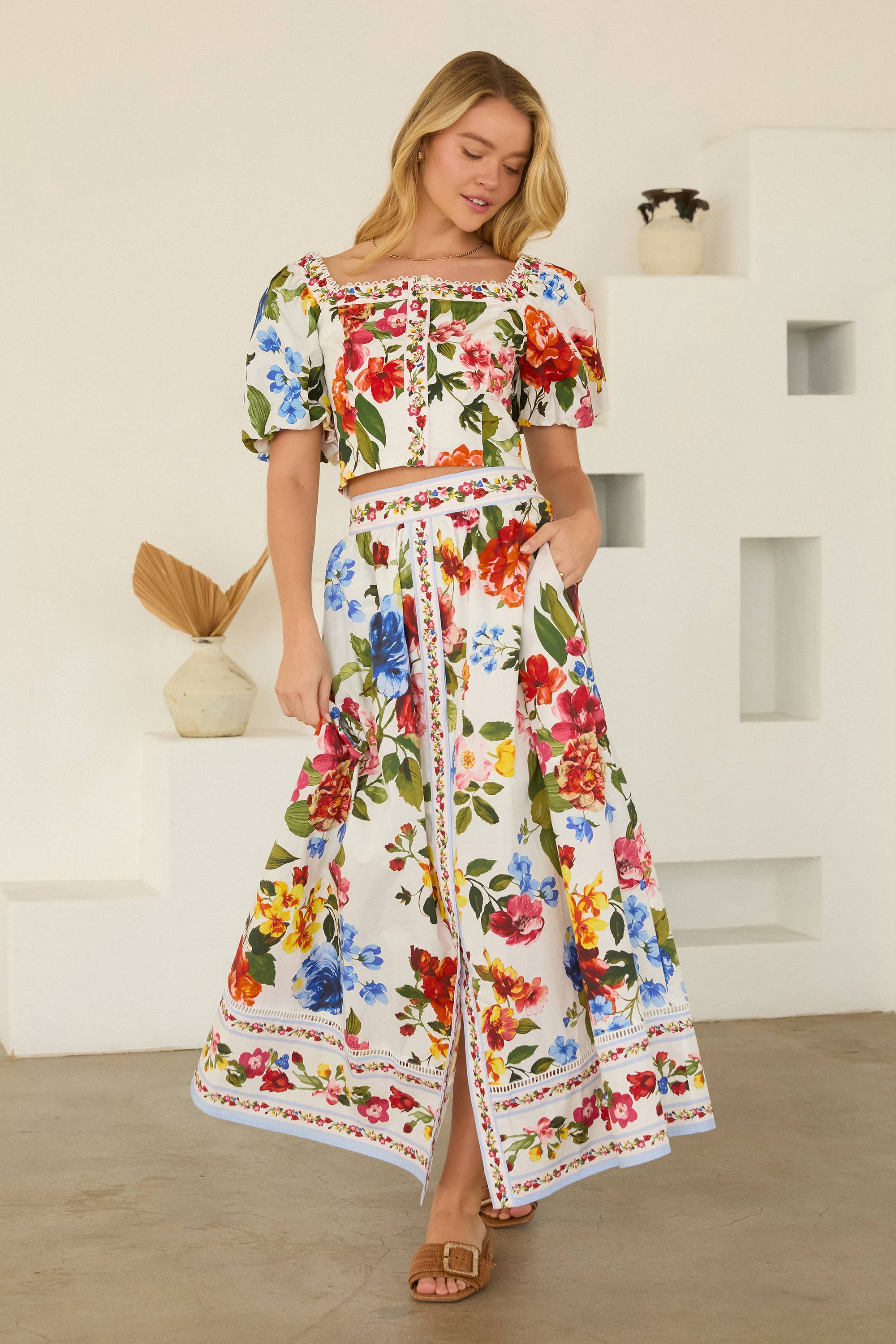 Floral Border Puff Sleeve Smocked Crop Top: White Multi / XS | Stella & Grace Boutique .