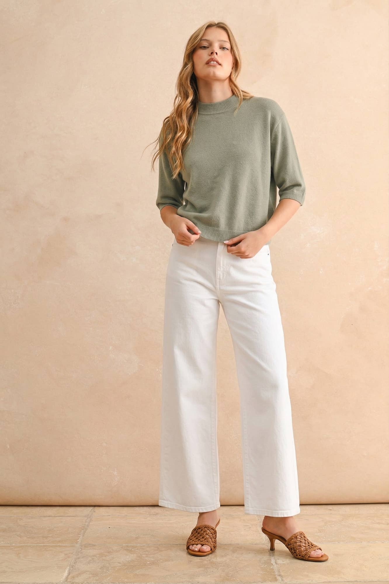 Sage Butter Cropped Short Sleeve Knit Sweater Top