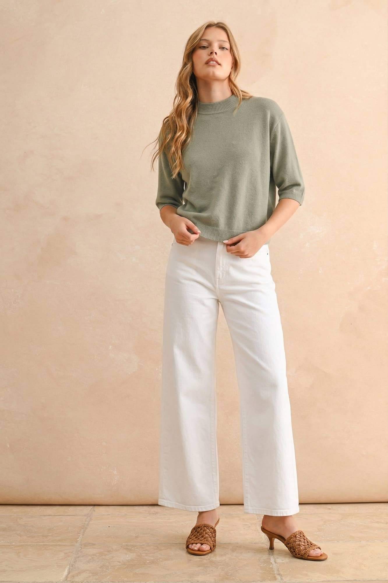 Sage Butter Cropped Short Sleeve Knit Sweater Top