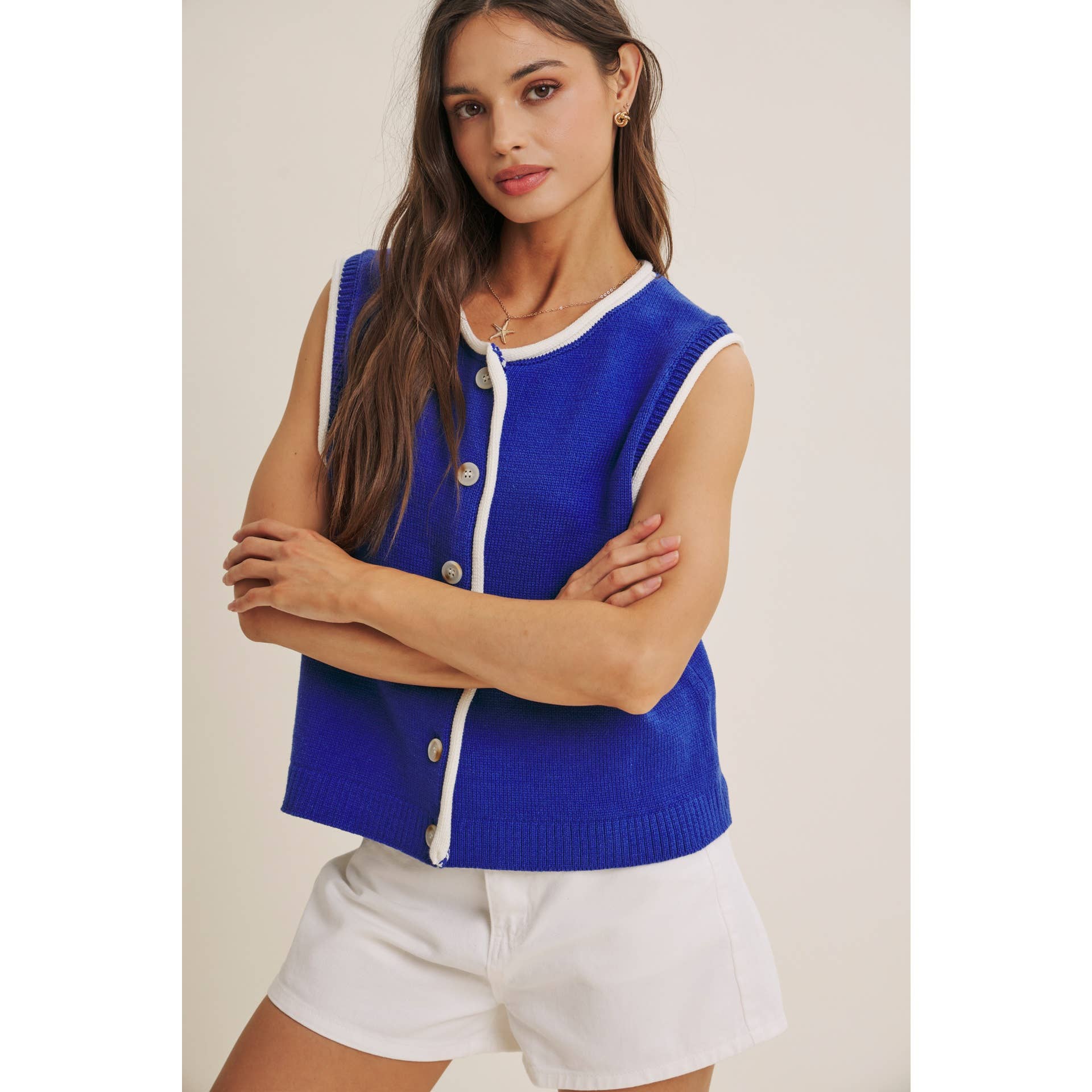CONTEMPORARY COLOR POP BUTTON-DOWN SWEATER KNIT VEST: ROYAL BLUE / S | Stella & Grace Boutique .
