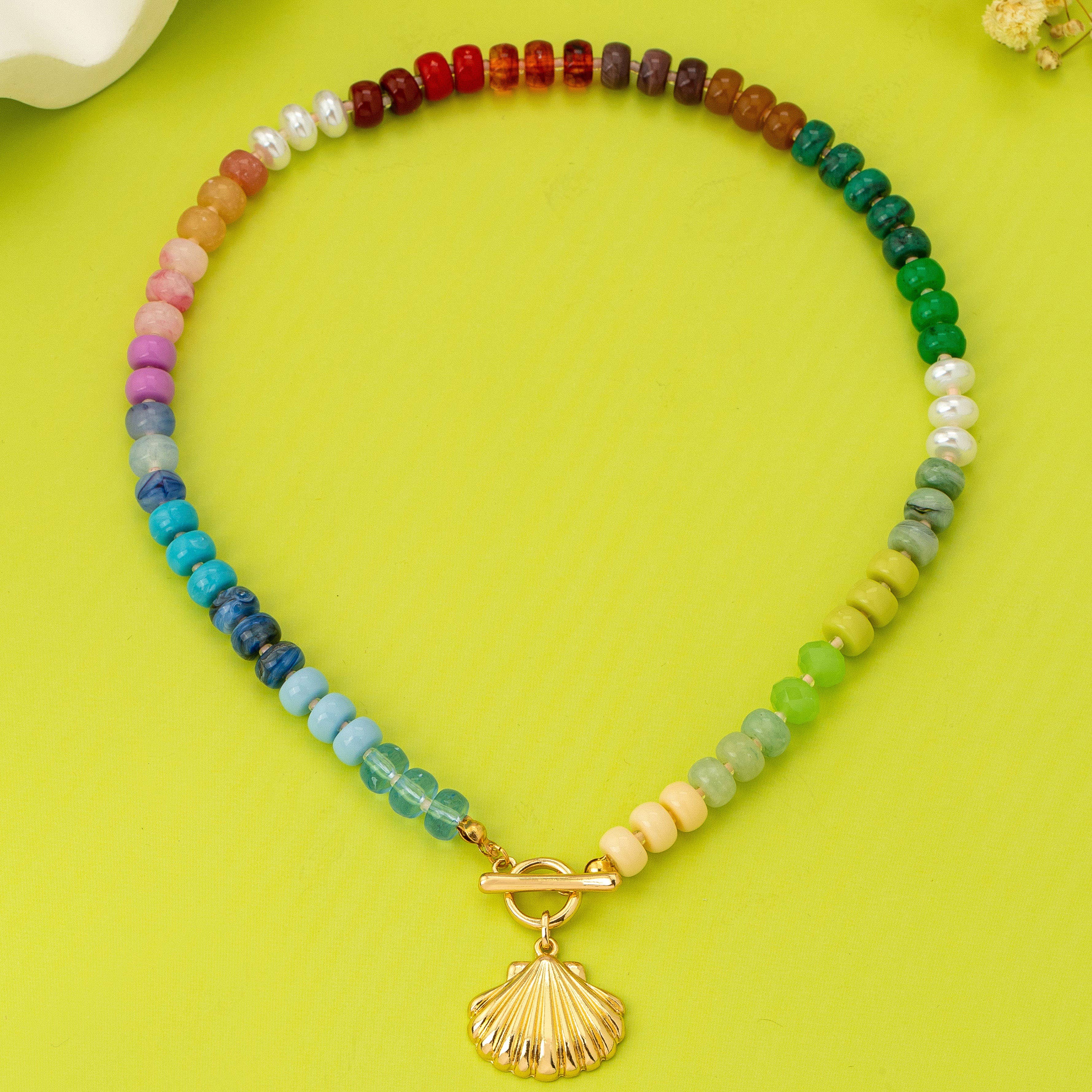 Rainbow Beaded Seashell Charm Necklace | 80N92899: Gold | Stella & Grace Boutique .