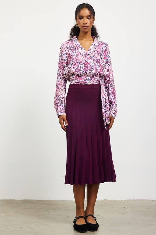 Long Sleeve Wrap Style Waist Tie Top: Plum-Multi / L