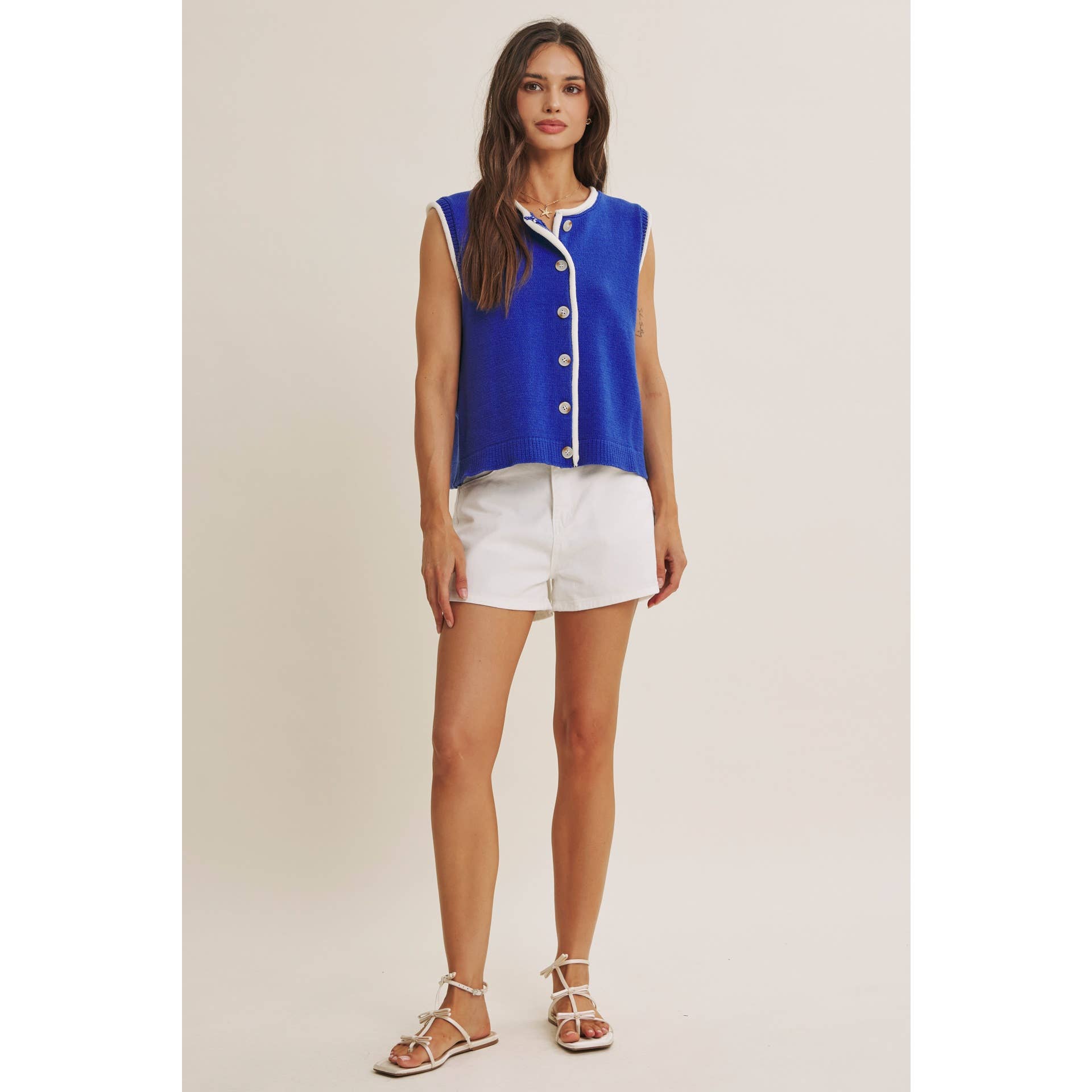 CONTEMPORARY COLOR POP BUTTON-DOWN SWEATER KNIT VEST: ROYAL BLUE / S | Stella & Grace Boutique .