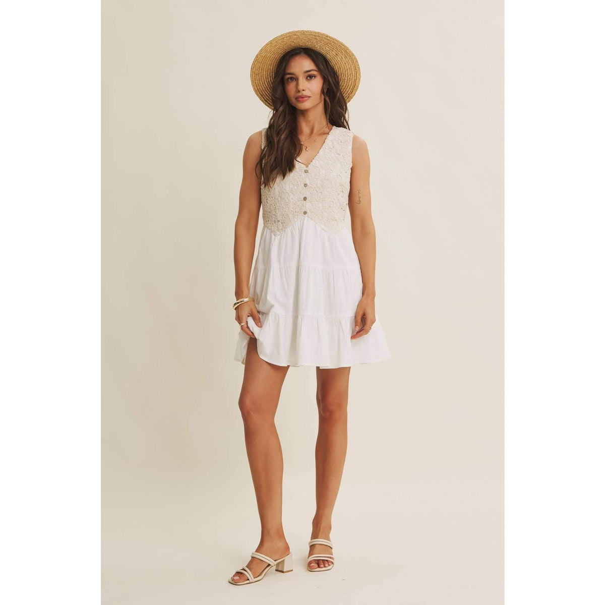 FRENCH PICNIC MIXED MEDIA COTTON CROCHET MINI DRESS: OFF WHITE / S