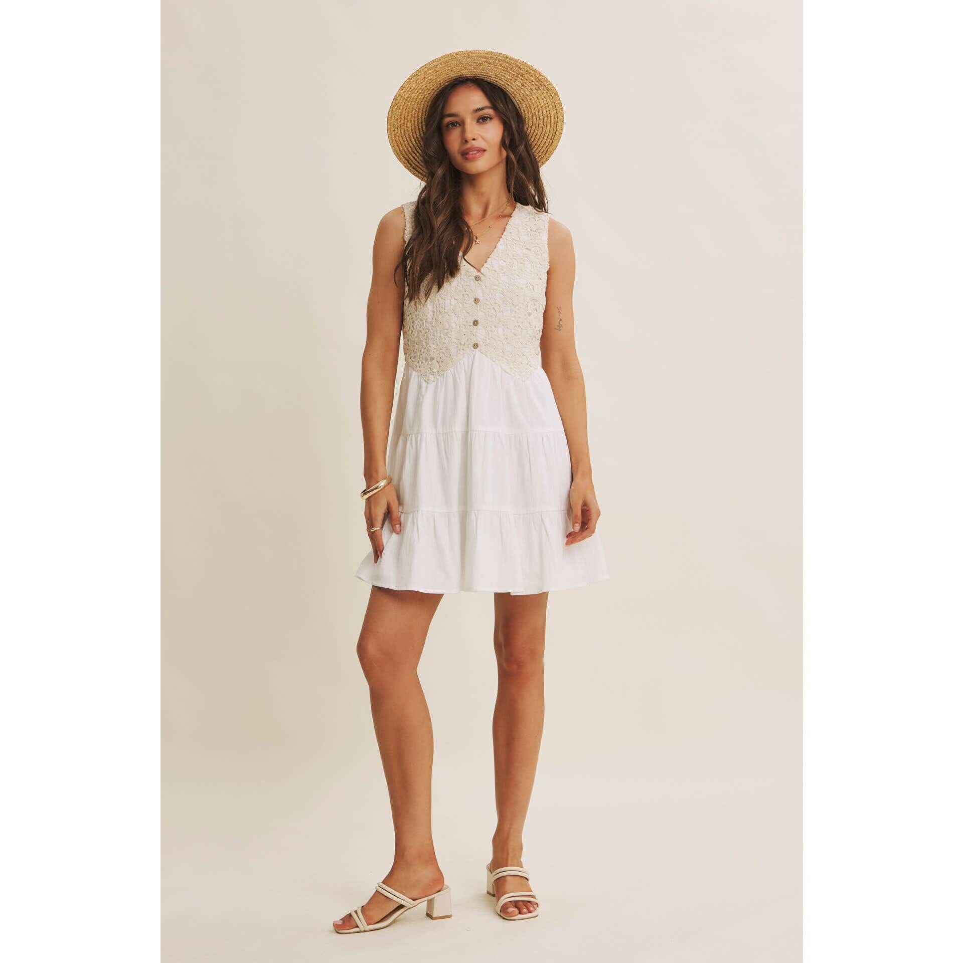 FRENCH PICNIC MIXED MEDIA COTTON CROCHET MINI DRESS: OFF WHITE / S