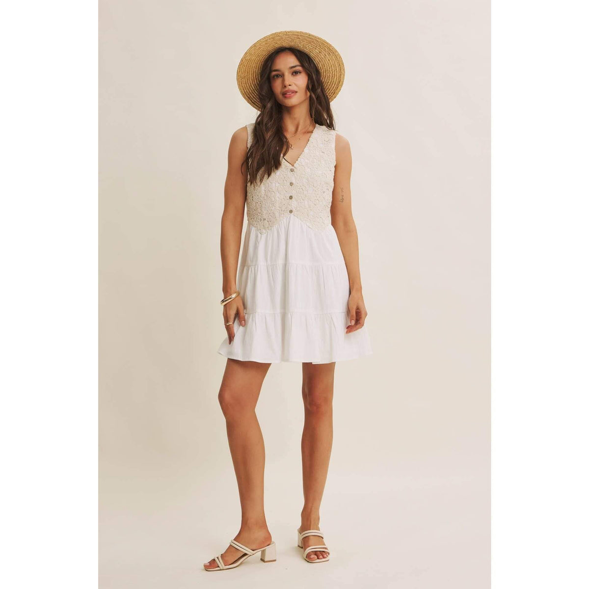 FRENCH PICNIC MIXED MEDIA COTTON CROCHET MINI DRESS: OFF WHITE / S