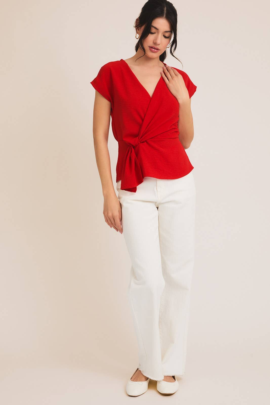 Red V-Neck Knotted Top