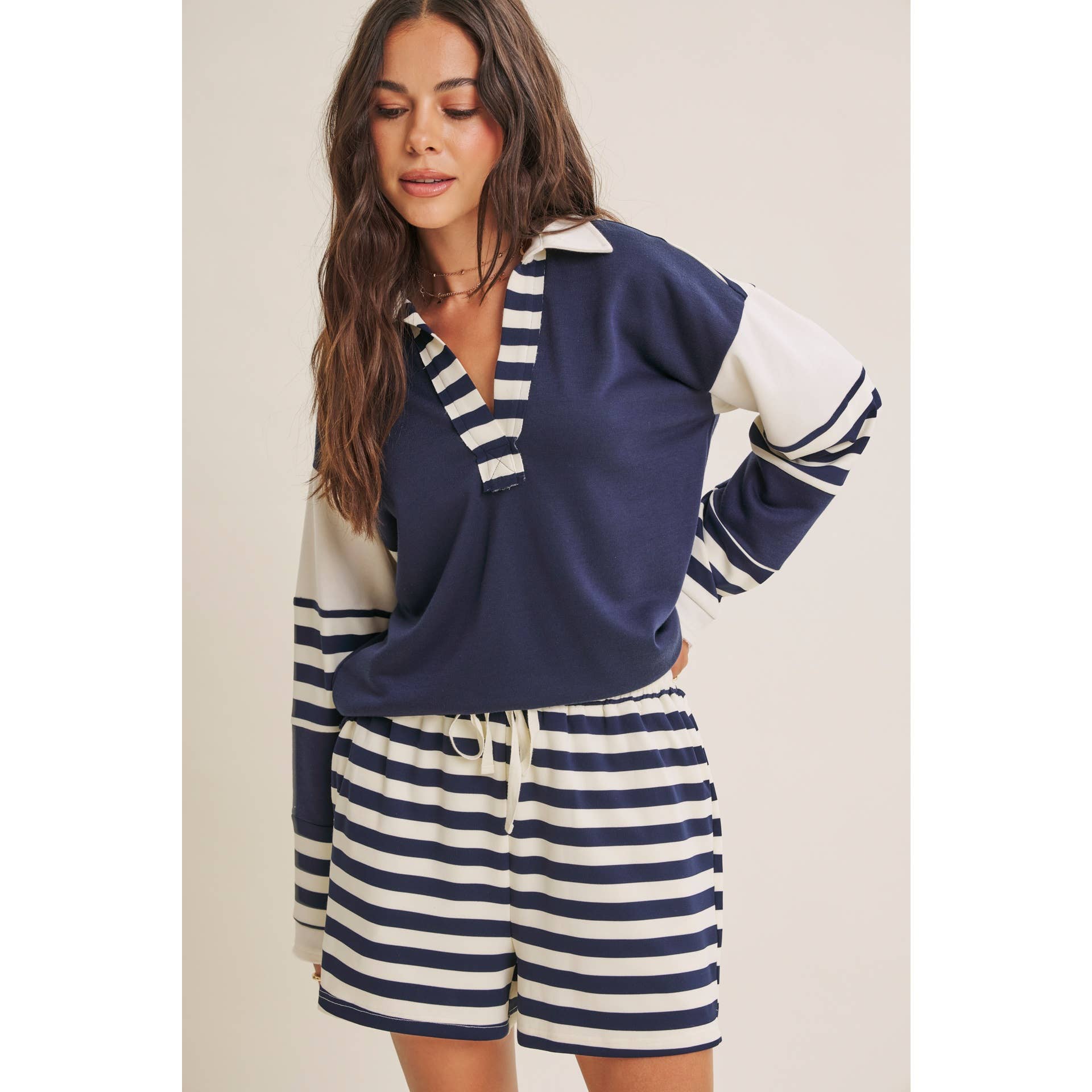 FRESH COASTAL STRIPE RELAXED FIT FRENCH TERRY LOUNGE SHORTS: TWILIGHT BLUE / S | Stella & Grace Boutique .
