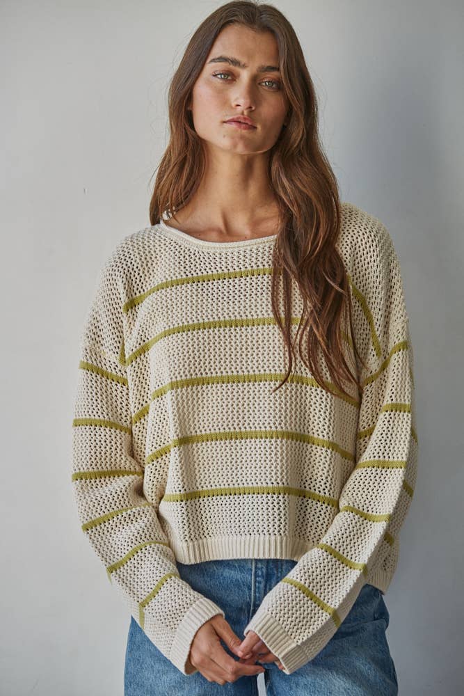 W2450 | Knit Cotton Acrylic Striped Round Neck Sweater: Cream Moss / S