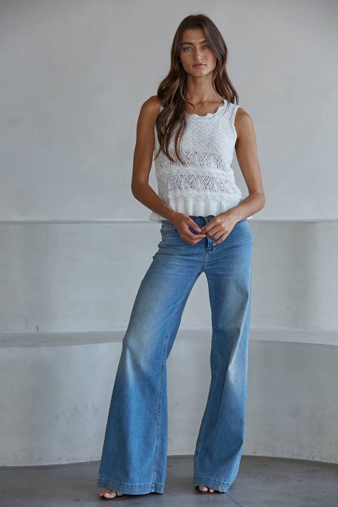 W2389T | Knit Sweater Cotton Acrylic Polyester Crochet Top : White / S