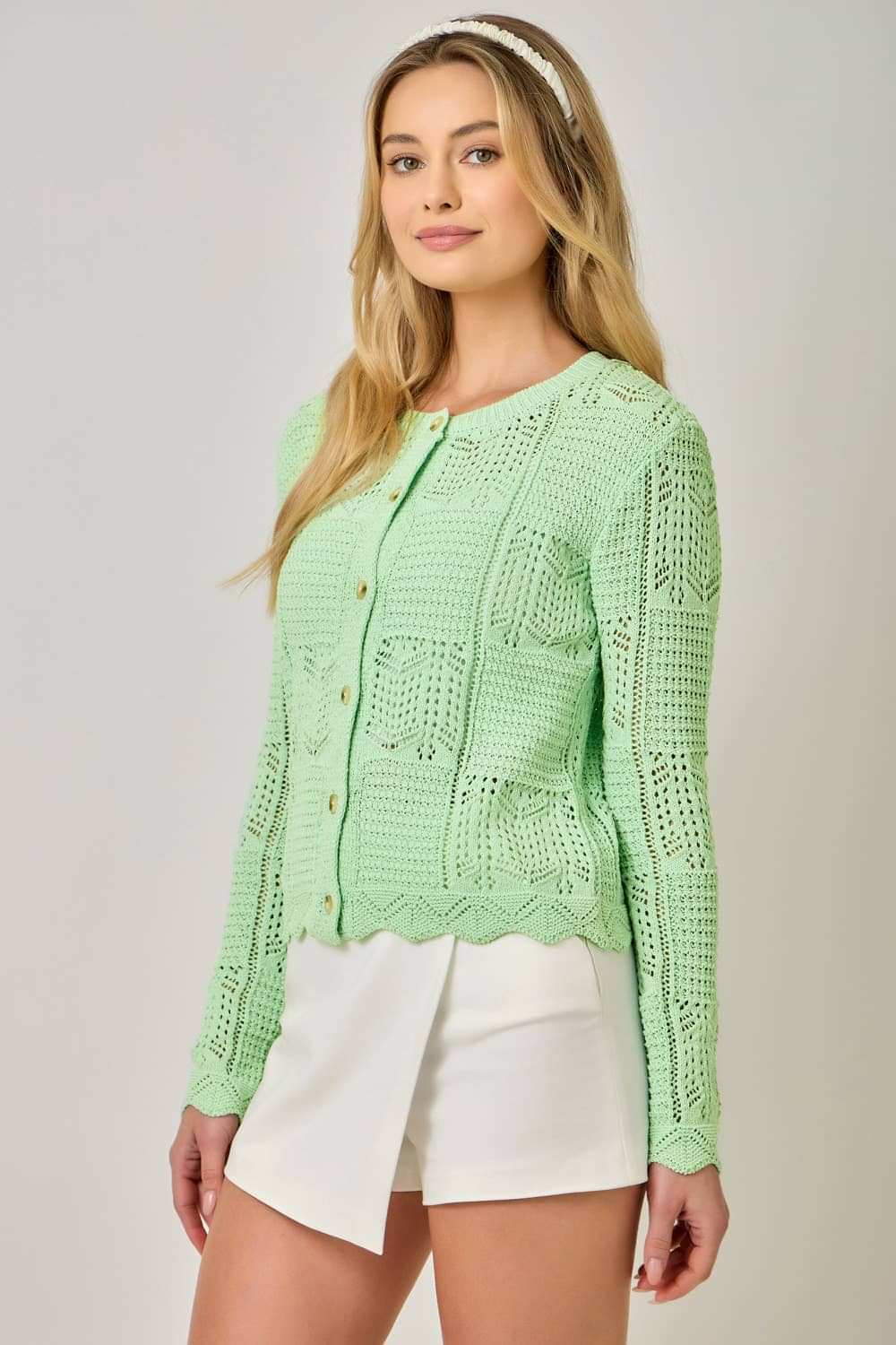 71163 Spring Pointelle Cardigan: Pistachio / Large