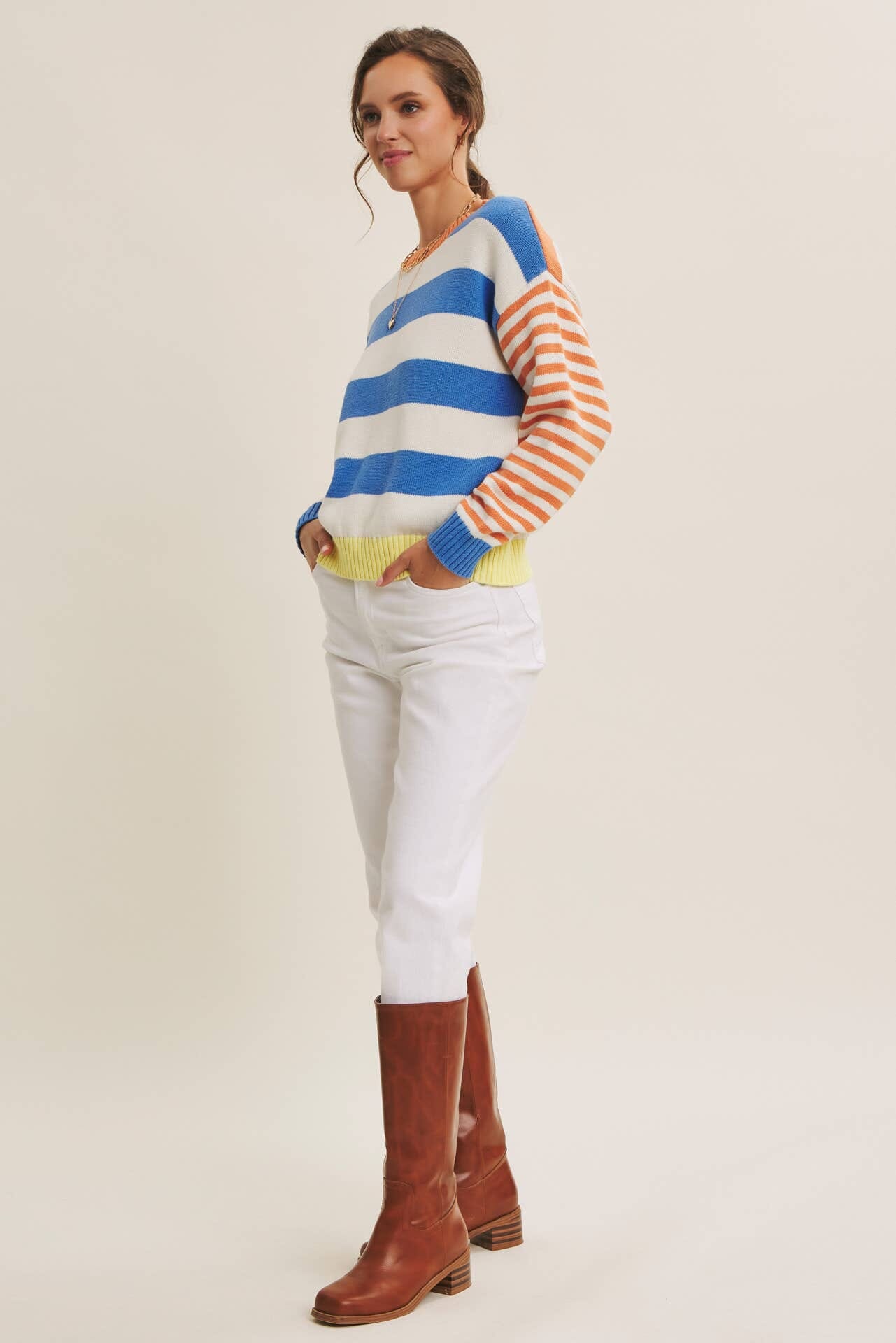 JOYFUL COLOR BLOCKED BOLD STRIPE RELAXED FIT COTTON SWEATER: BLUE/LEMON MULTI / S