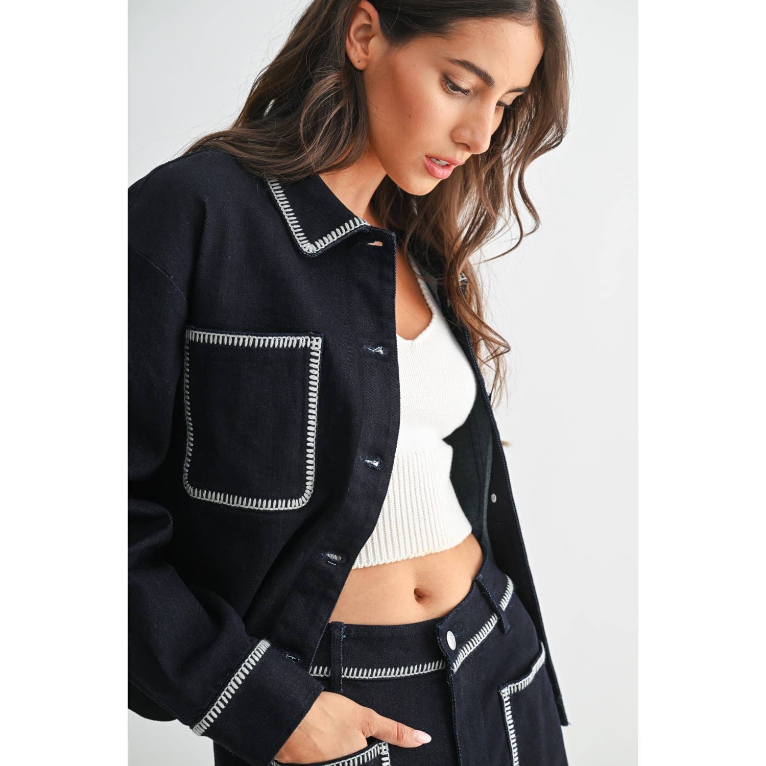 DENIM JACKET WITH CONTRAST STITCHING: DARK DENIM / S-M-L(3-2-1)