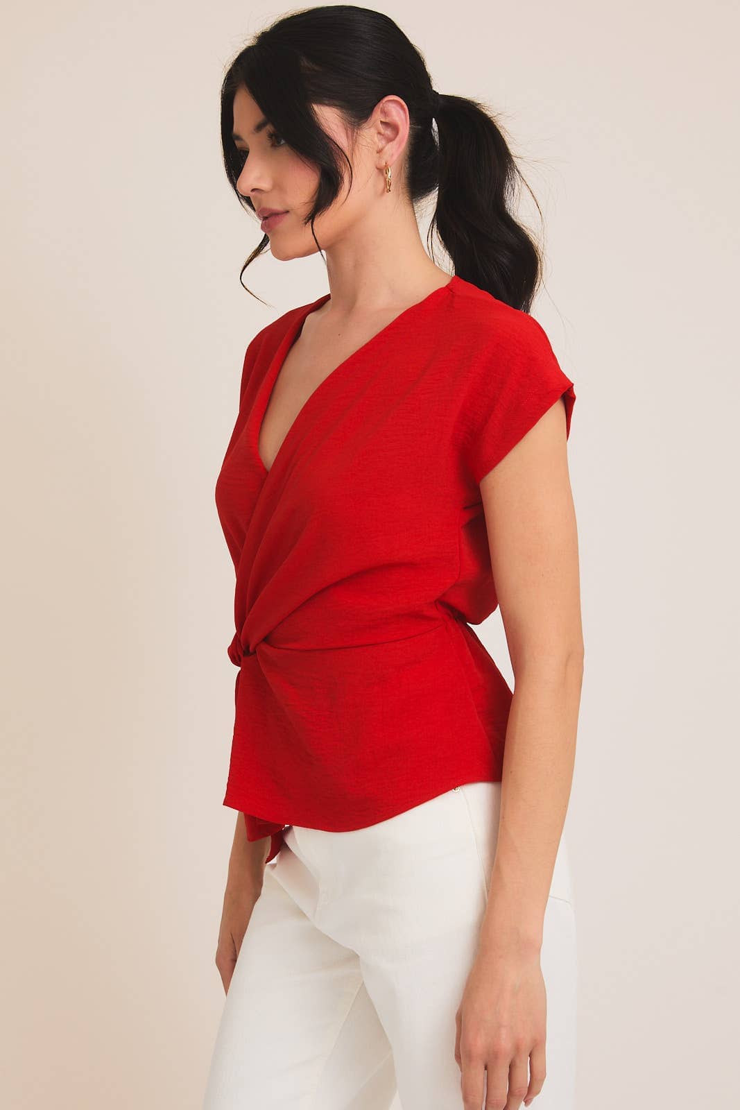 Red V-Neck Knotted Top