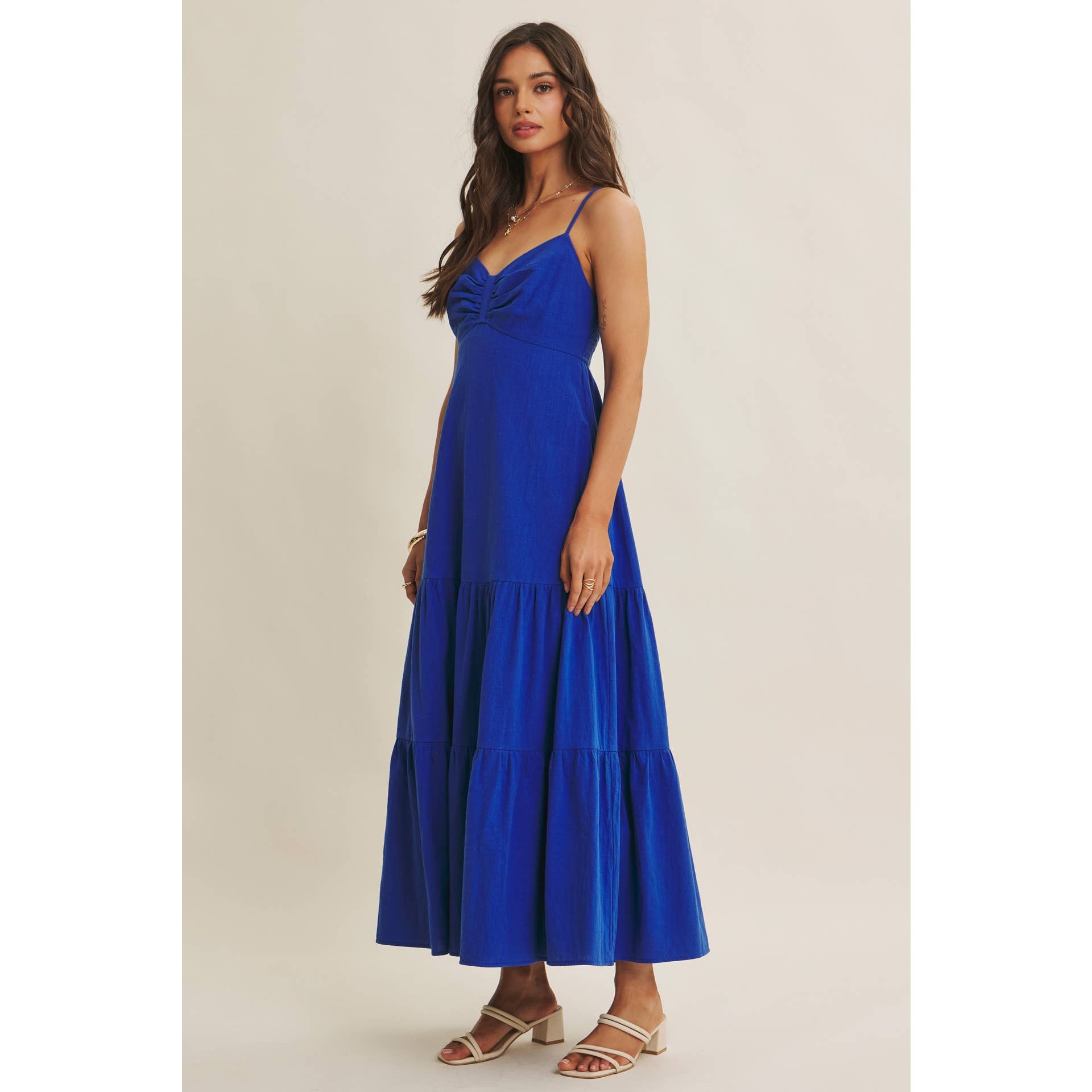 ISLAND SUNSET AIRY COTTON SMOCKED BACK RUCHED MAXI DRESS: ROYAL BLUE / S | Stella & Grace Boutique .
