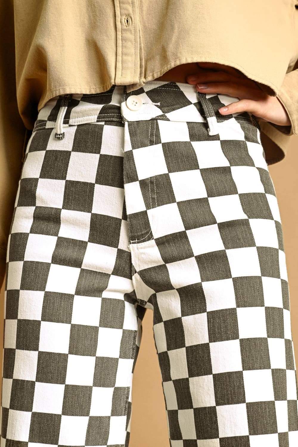 P7497 CHECKER BOARD STREATCH PANTS: CHARCOAL / S