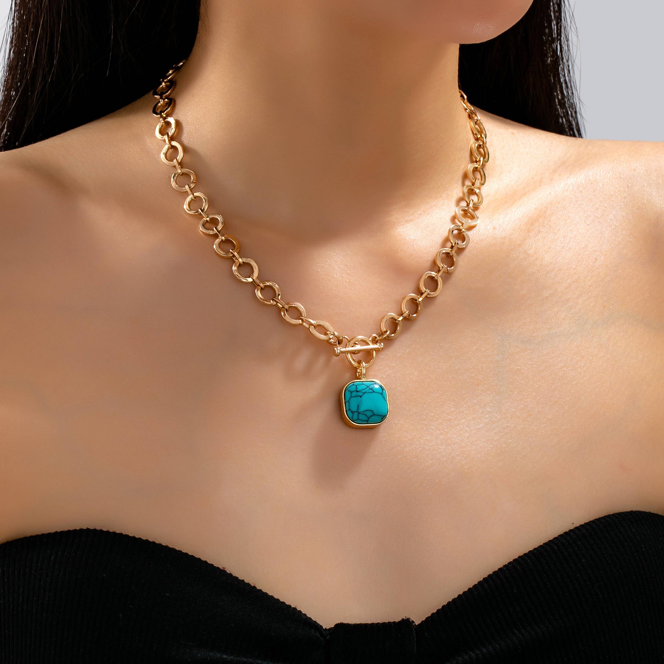 Turquoise-Tone Medallion Toggle Necklace | 80N93042: Gold | Stella & Grace Boutique .