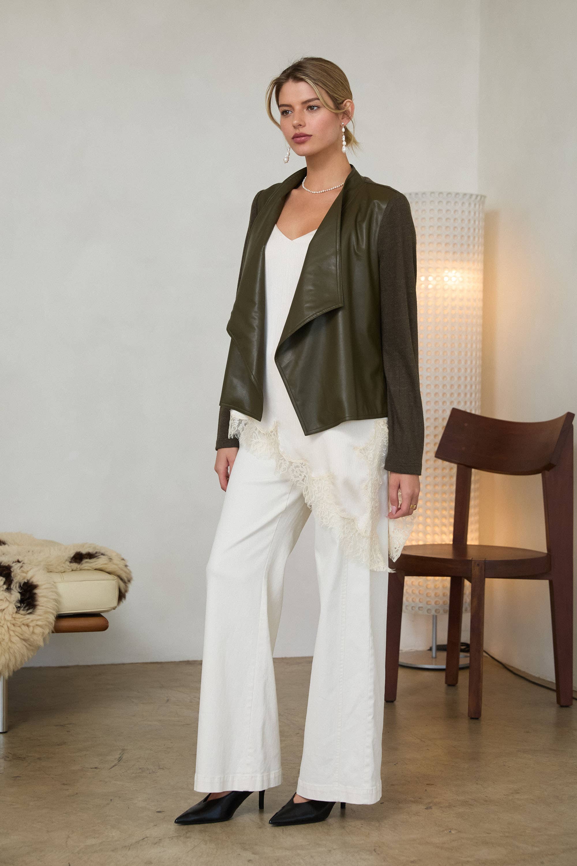 Mixed Media Faux Leather Draped Jacket: Olive / XS