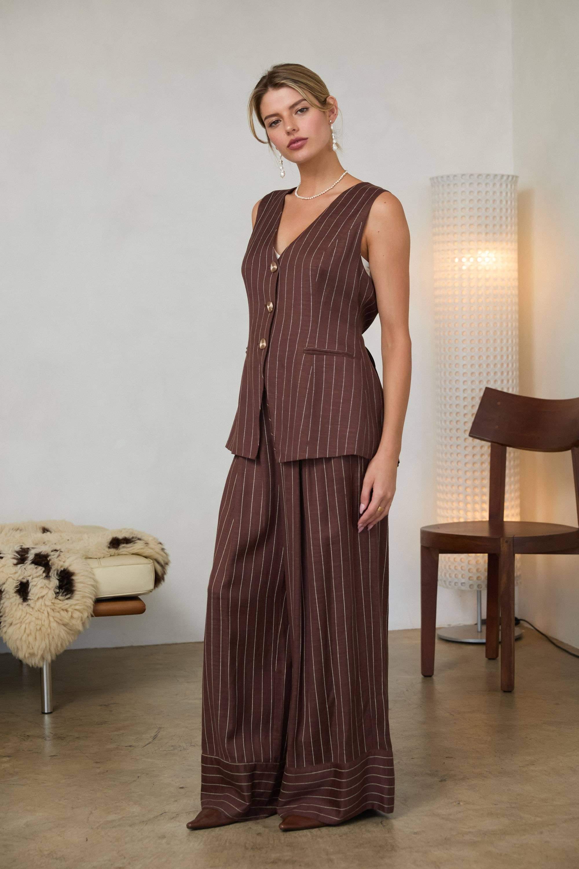Pinstripe Vest: Brown-Ivory / XS