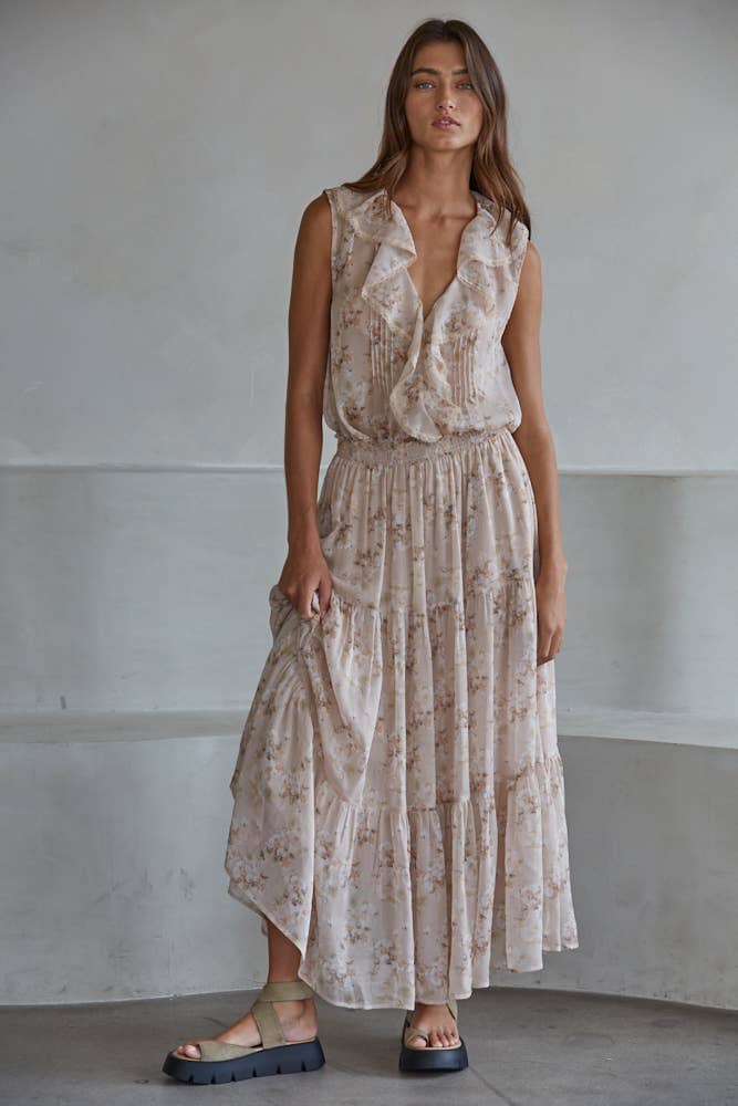 L9385T1 | Woven Polyester Floral Print V-Neck Sleeveless Top: Taupe Multi / S