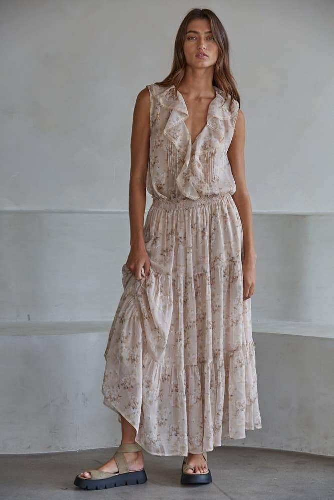 L9385T1 | Woven Polyester Floral Print V-Neck Sleeveless Top: Taupe Multi / S