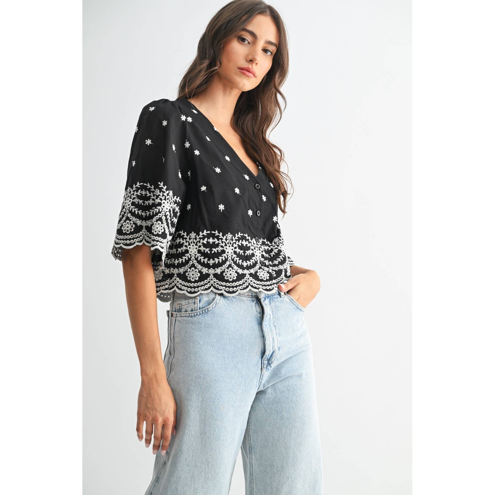 BLACK EMBROIDERED BLOUSE TOP: BLACK / S-M-L(3-2-1)