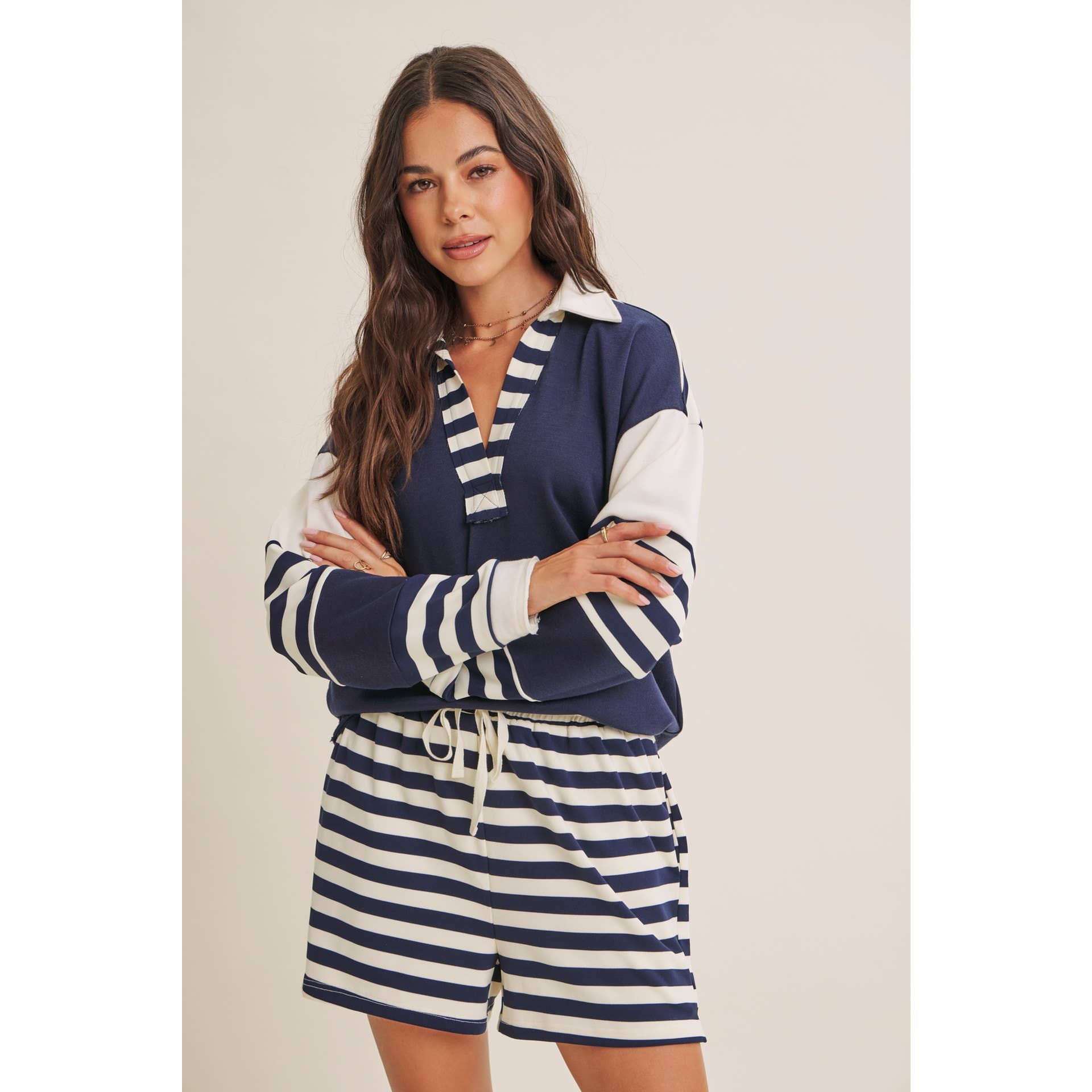 FRESH COASTAL STRIPE MIX RELAXED FIT FRENCH TERRY TOP: TWILIGHT BLUE / S | Stella & Grace Boutique .