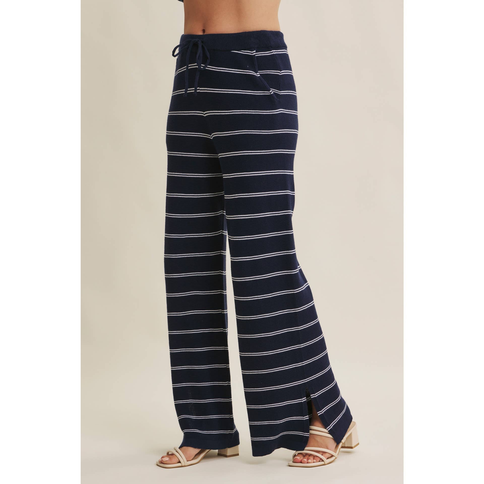 Navy Stripe Wide-Leg Linen-Cotton Knit Pants