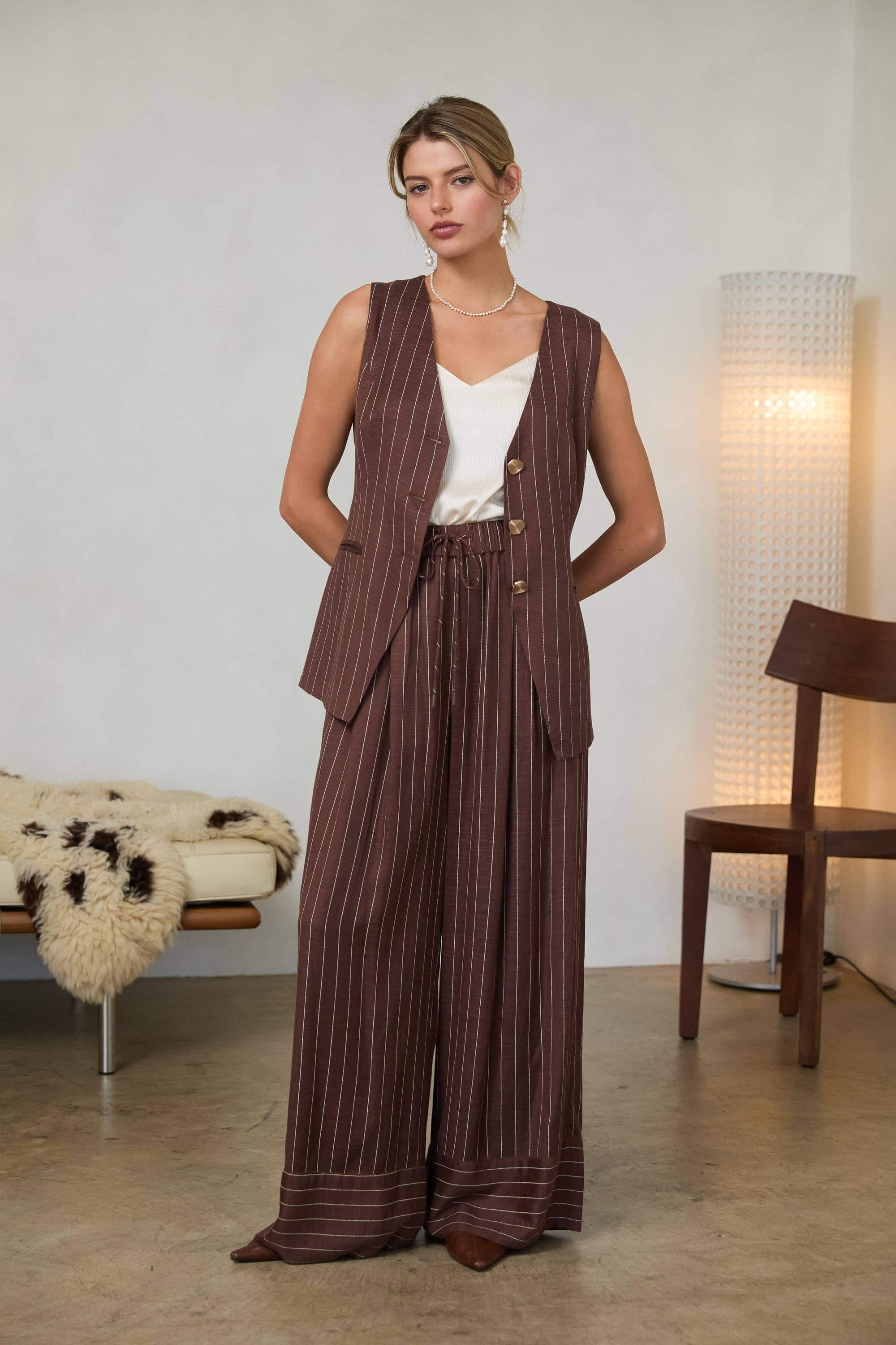 Pinstripe Vest: Brown-Ivory / XS