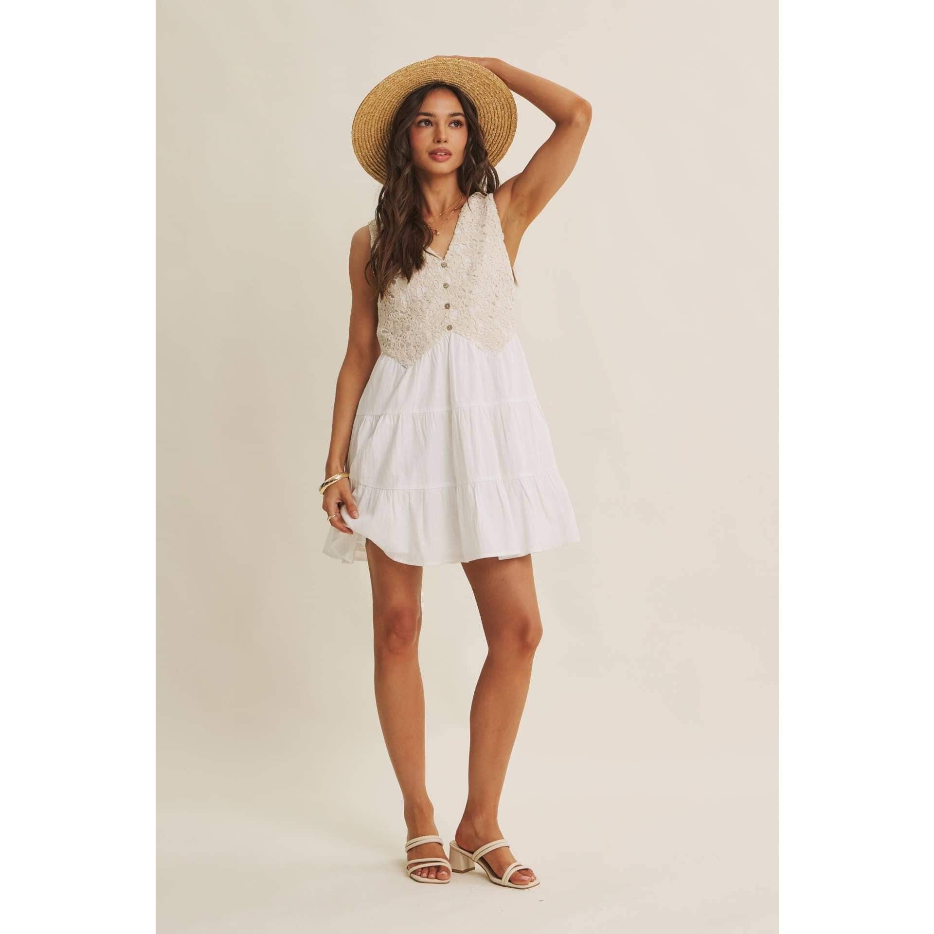 FRENCH PICNIC MIXED MEDIA COTTON CROCHET MINI DRESS: OFF WHITE / S
